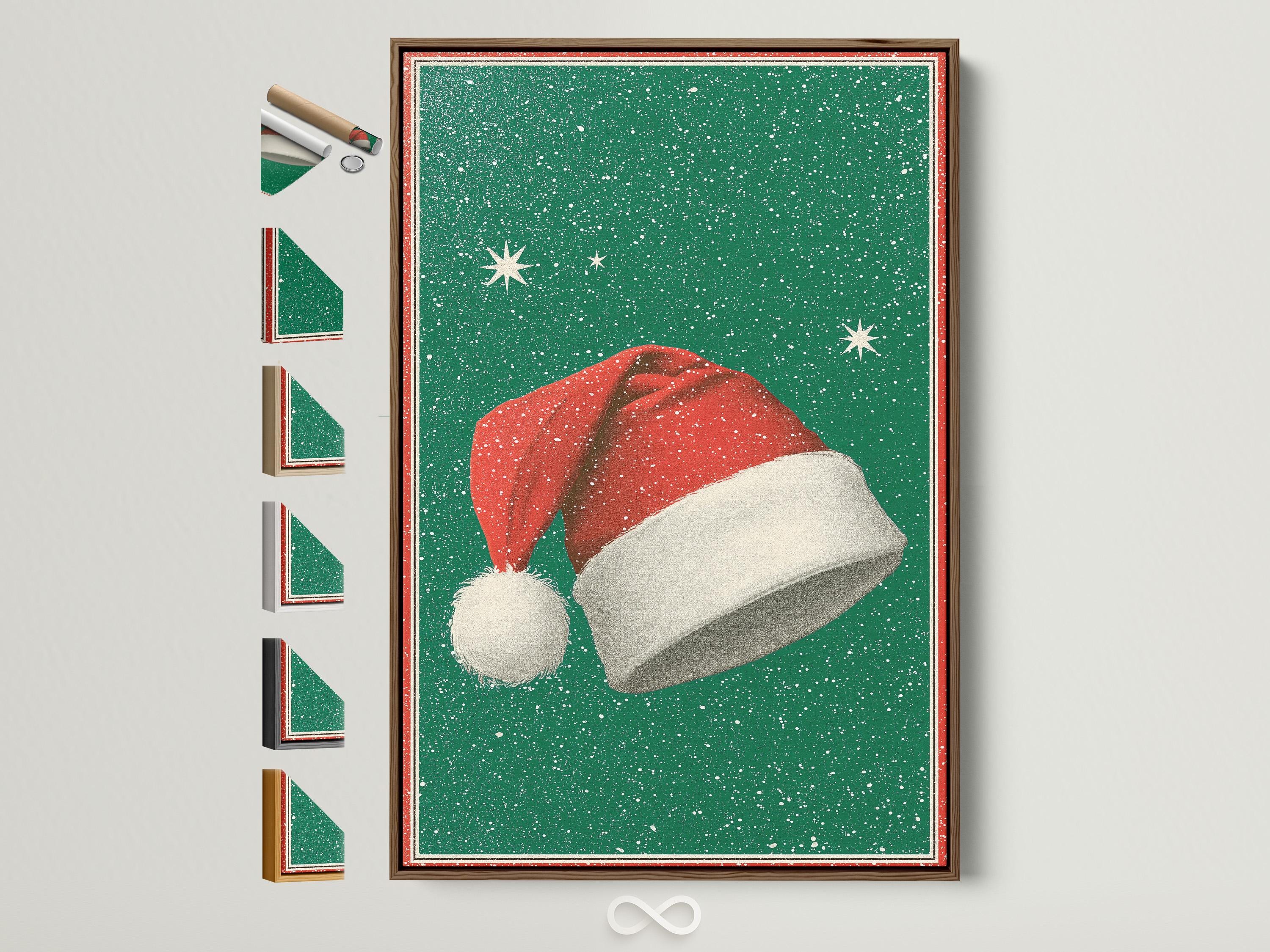 Illustration of a retro Santa hat with cream pom-pom on a speckled emerald green background