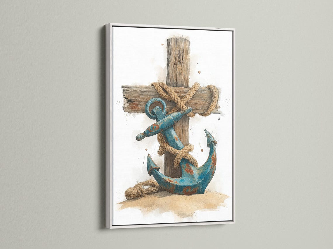 A distressed nautical illustration shows a large rope-wrapped wooden cross/anchor shape with a coiled blue rope motif and seabed tones against a pale