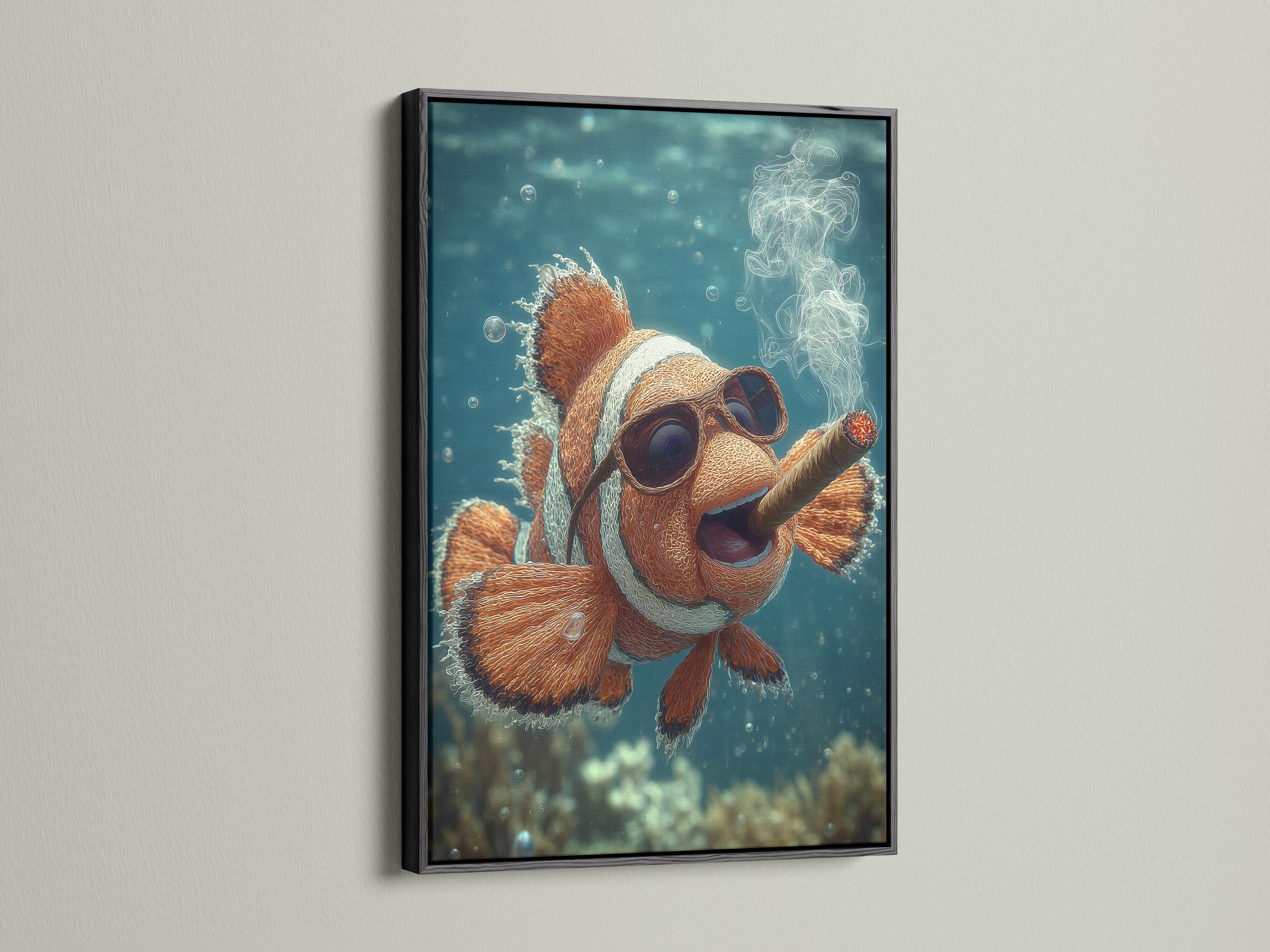 Illustrated clownfish swimming underwater with orange coral, bubbles, and wispy smoke-like curls detail view
