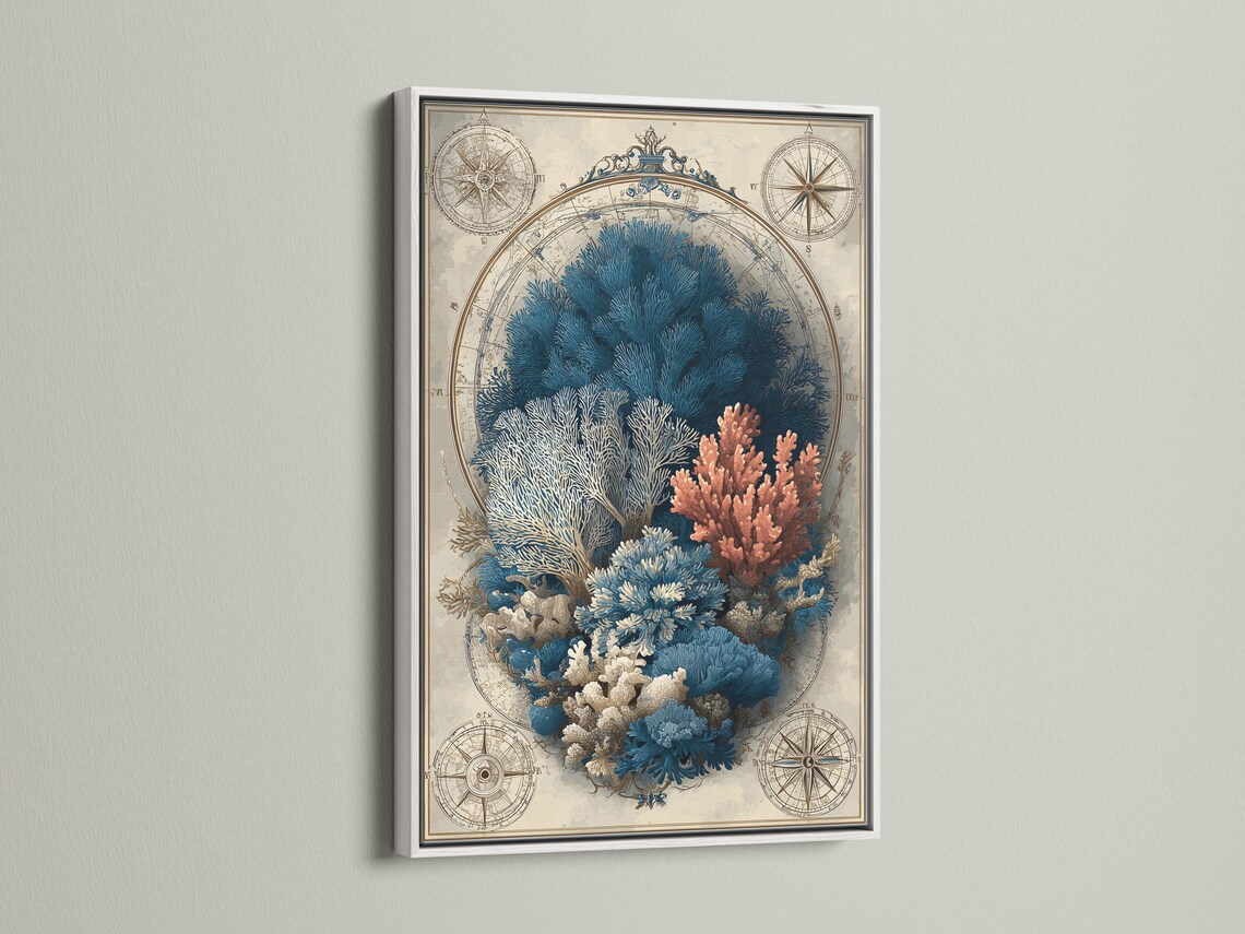 Room mockup showing a framed nautical map illustration featuring a coral reef and compass roses