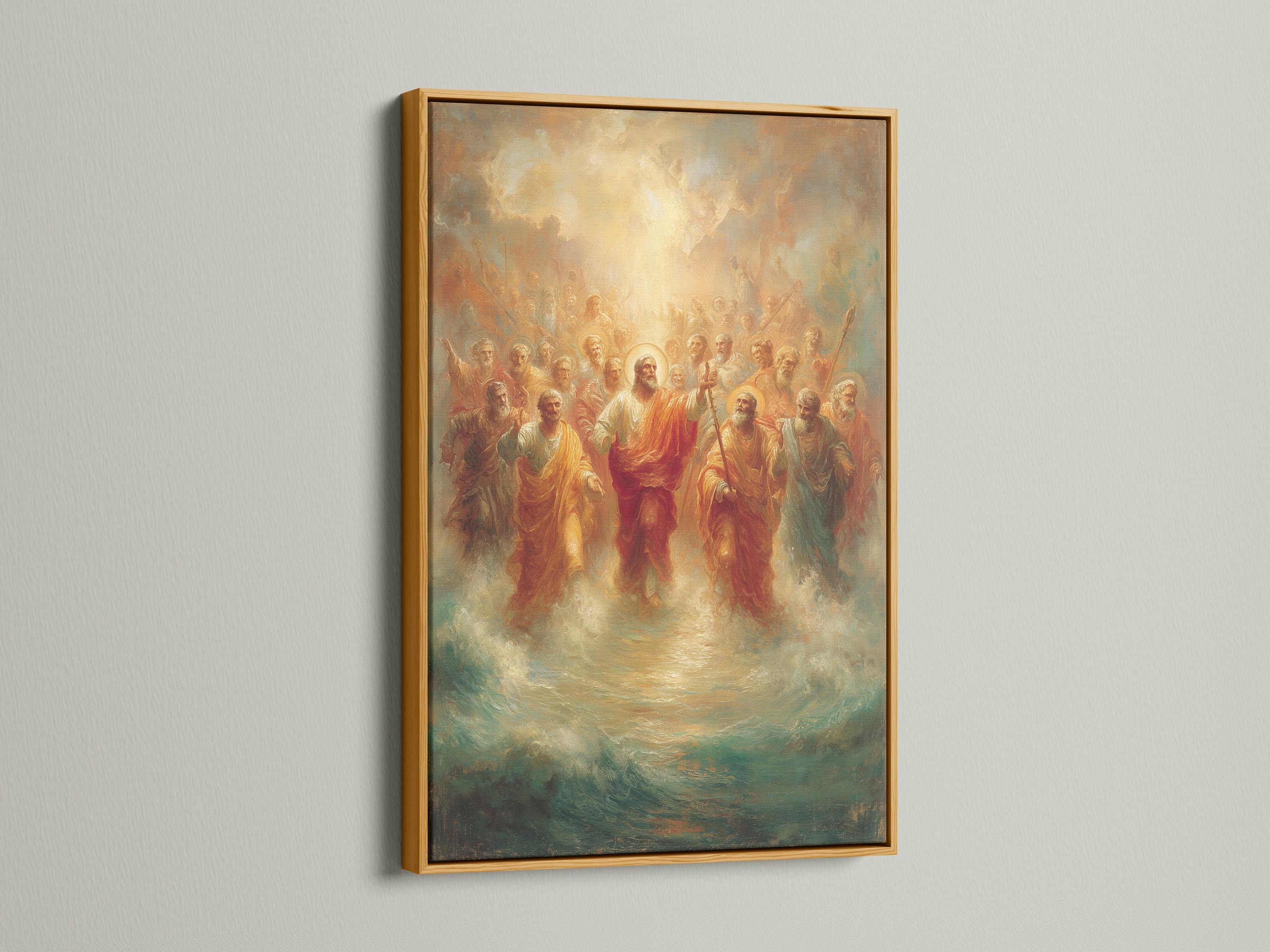 Portrait religious painting showing a radiant golden light above a crowd of robed apostles detail view