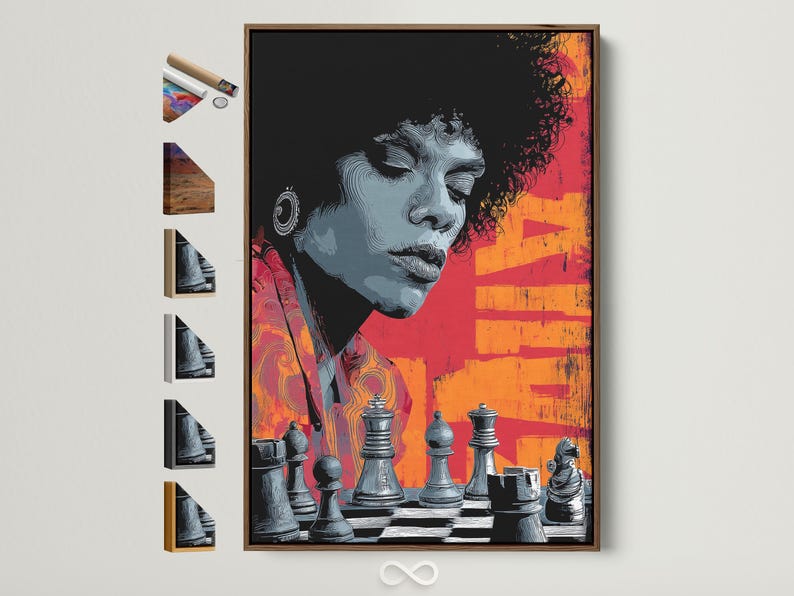 Stylised chess player portrait with orange and red geometric blocks and monochrome chess pieces
