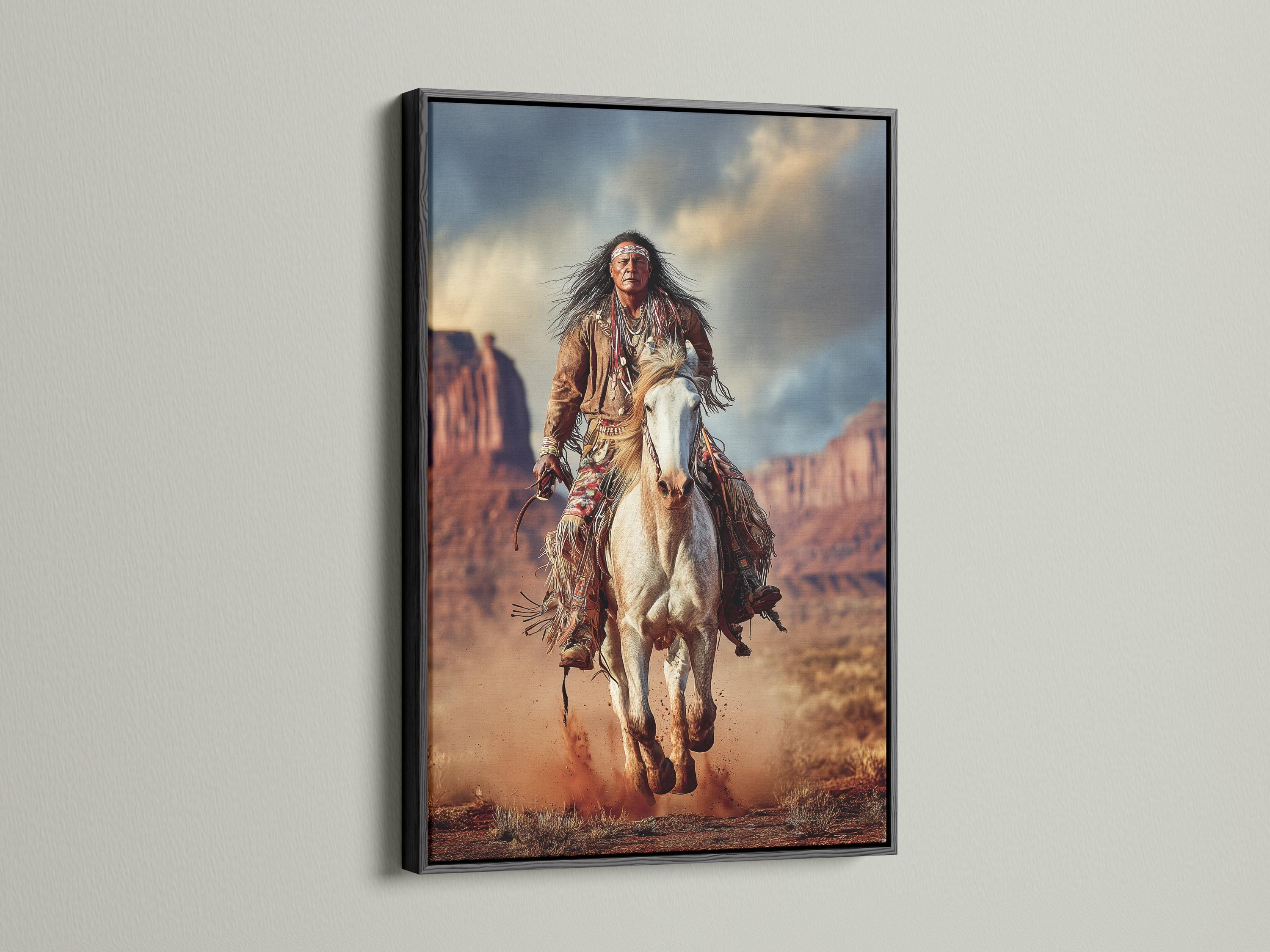 Artwork featuring a rider on a white horse charging through a dusty desert landscape, shown in a room mockup