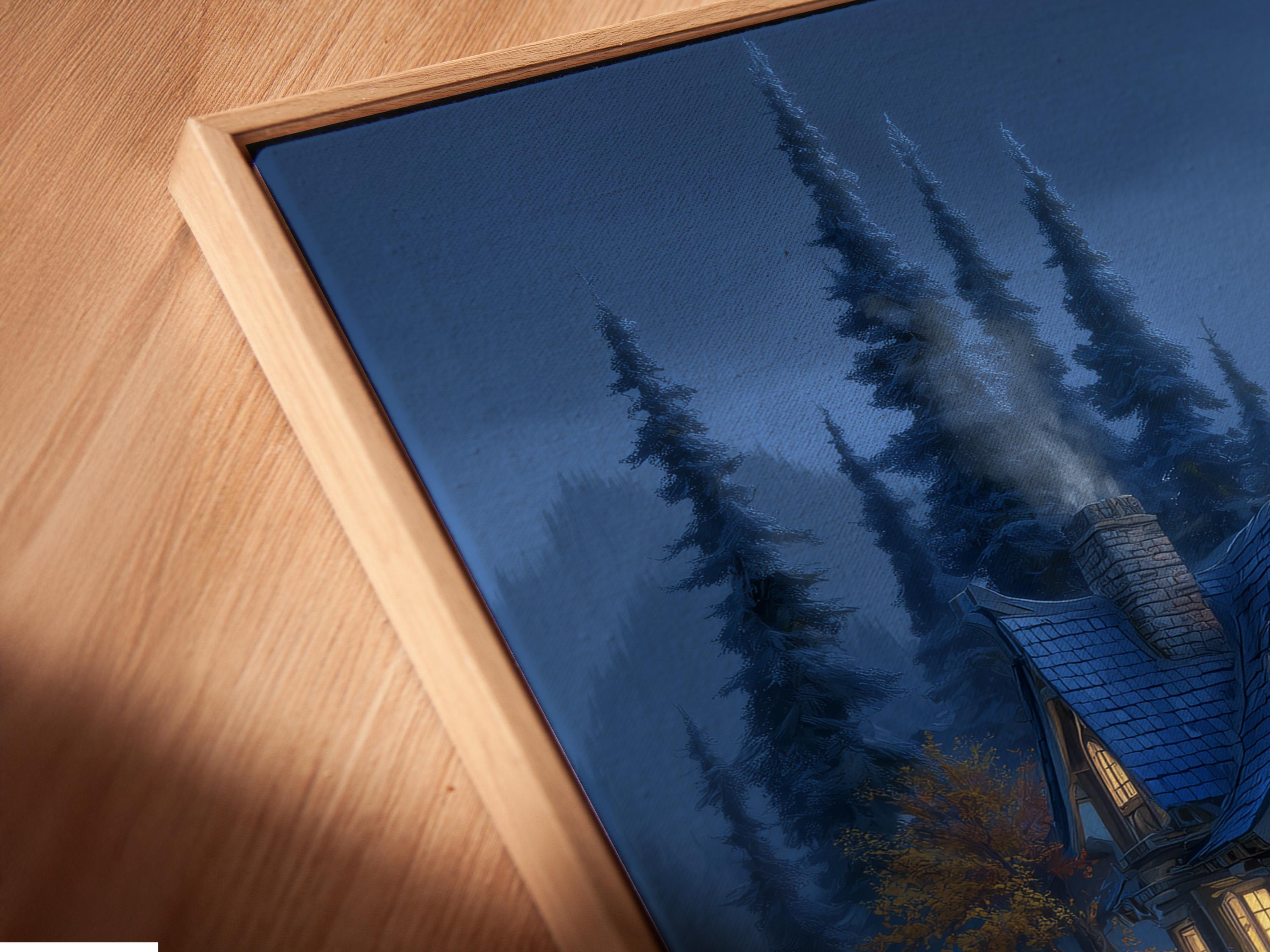 Moonlit cottage in a blue forest with tall pine trees, a full moon, and a winding path detail view