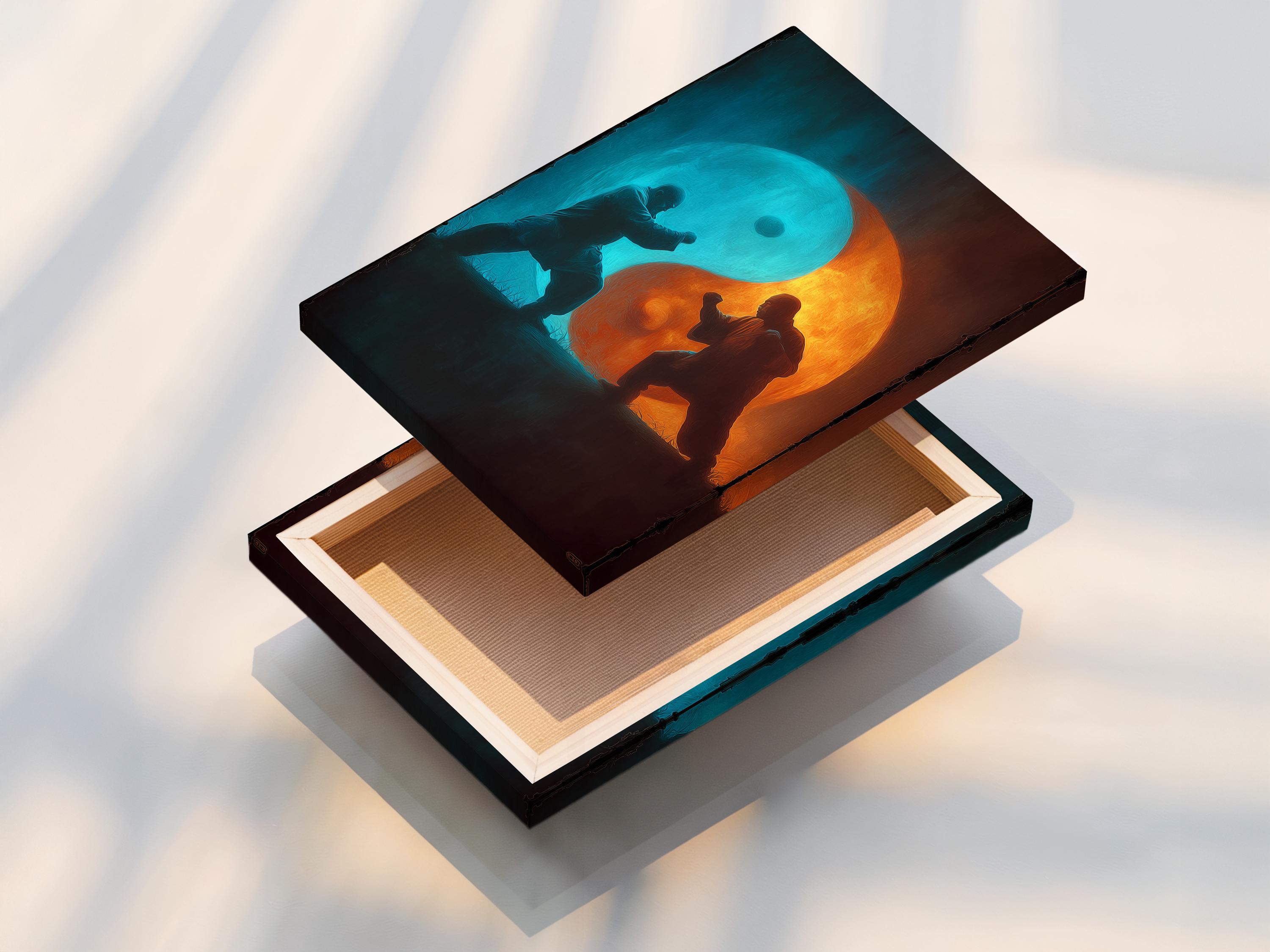 Turquoise and orange yin-yang style artwork with two martial artists facing each other detail view