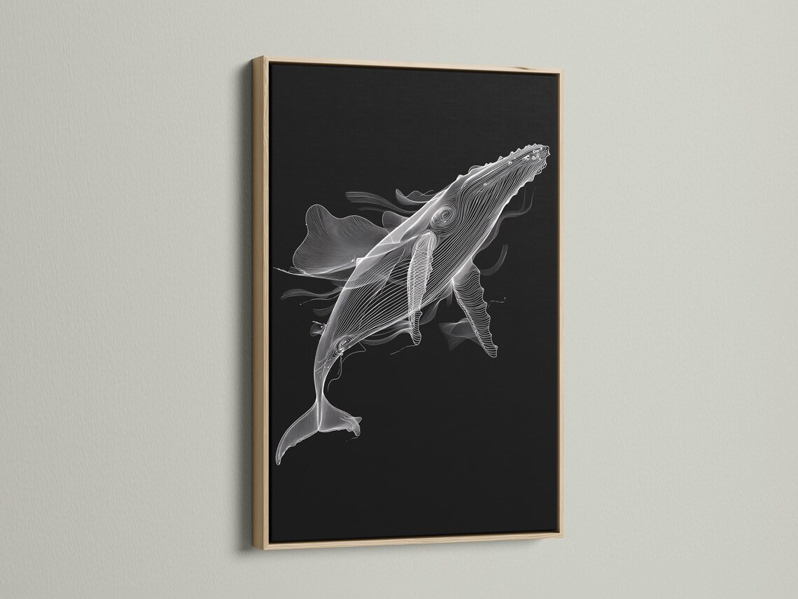 White line-art whale illustration on a dark black background detail view