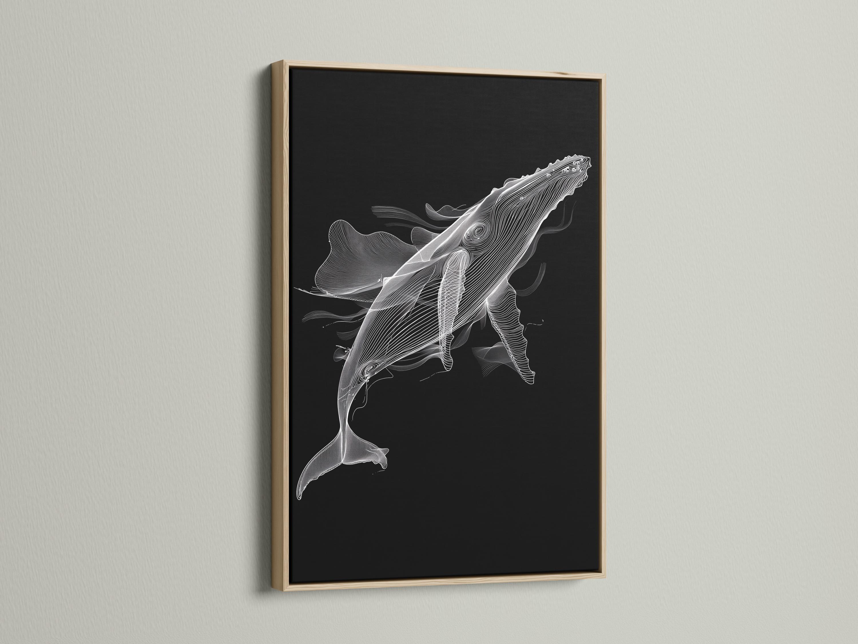 White line-art whale illustration on a dark black background detail view