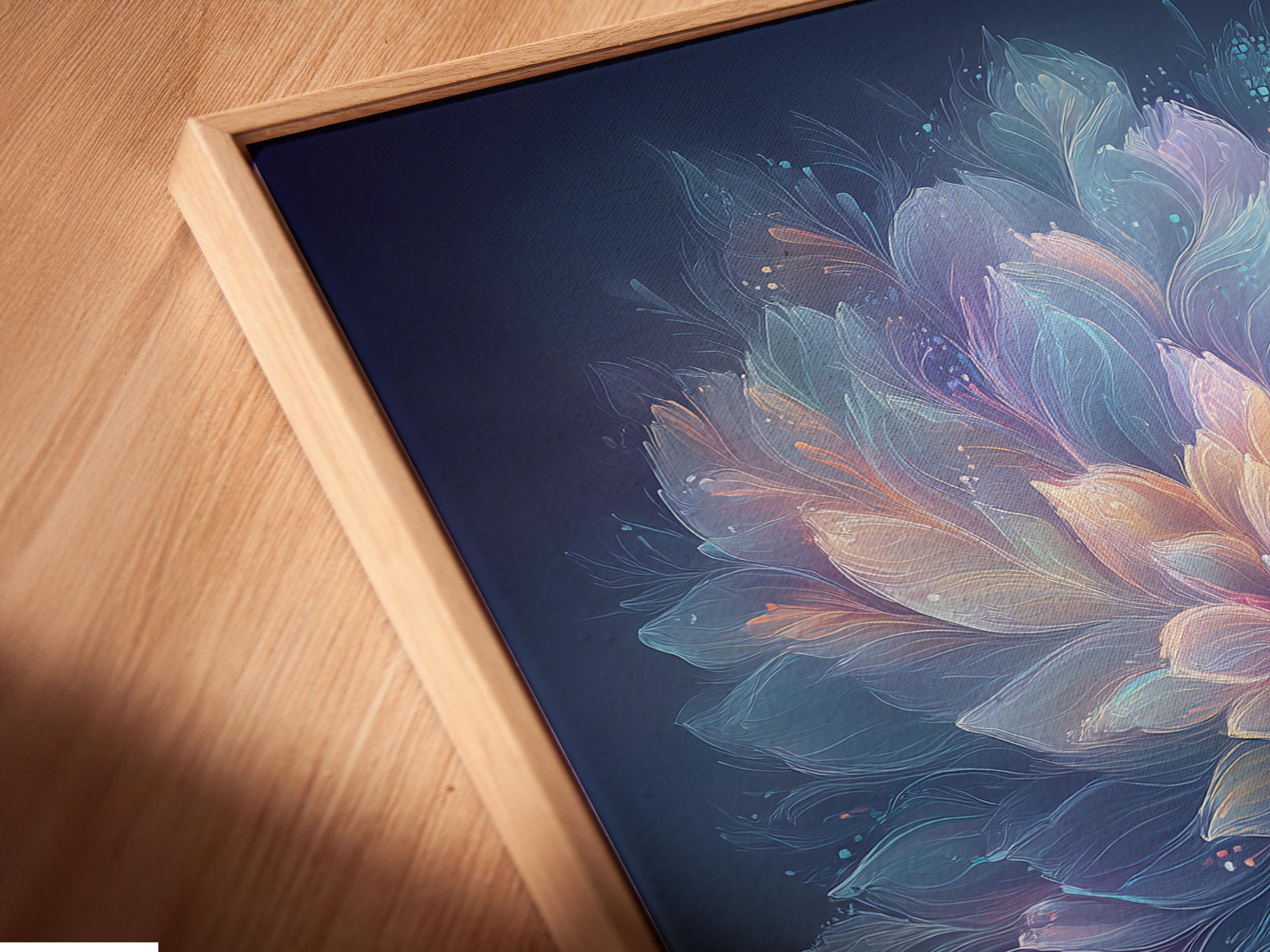 Wall mockup showing a framed floral artwork with pastel petals on deep navy blue