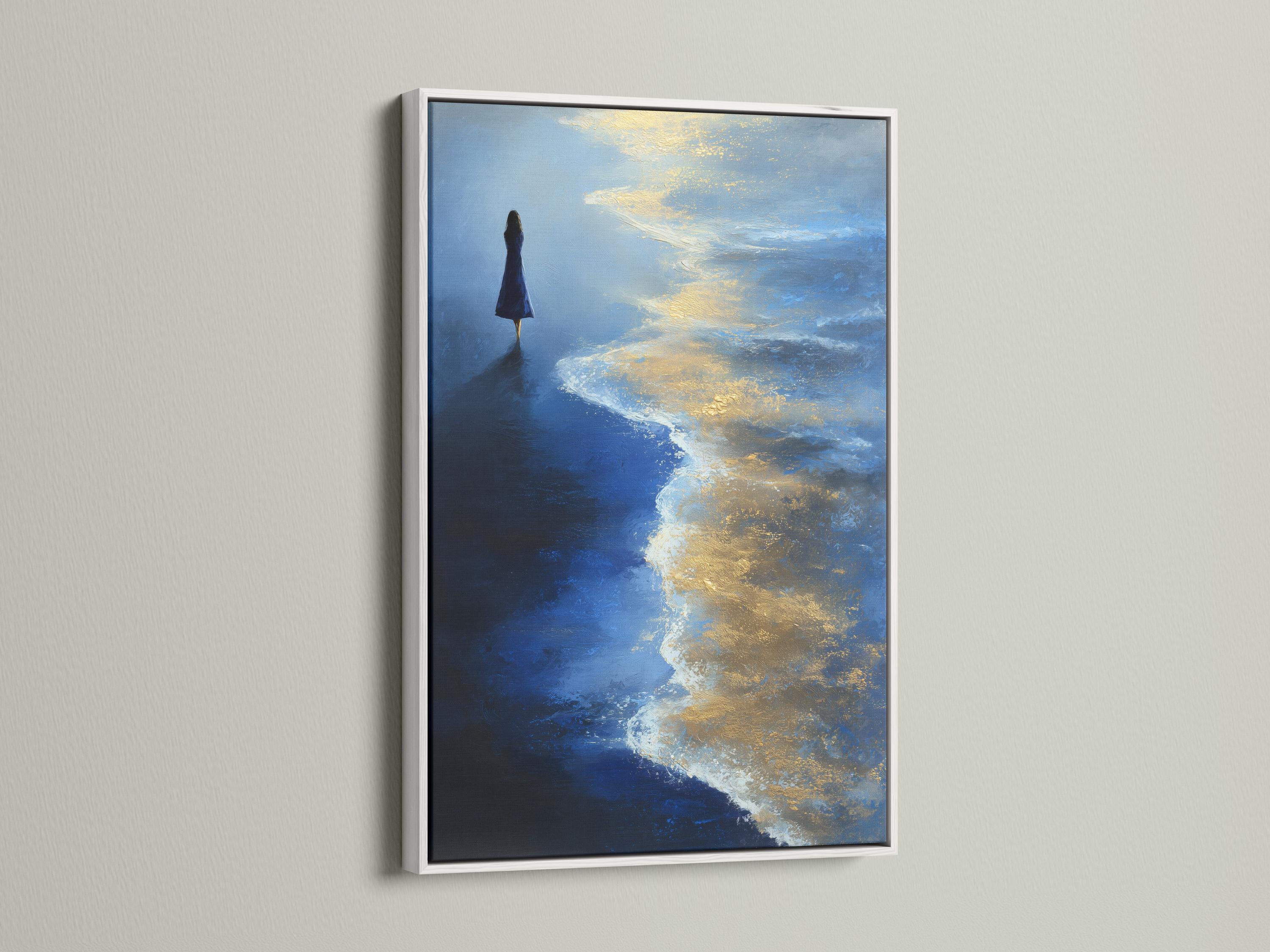 Painterly seascape with a lone silhouette standing in a blue ocean under glowing gold and ivory clouds detail view