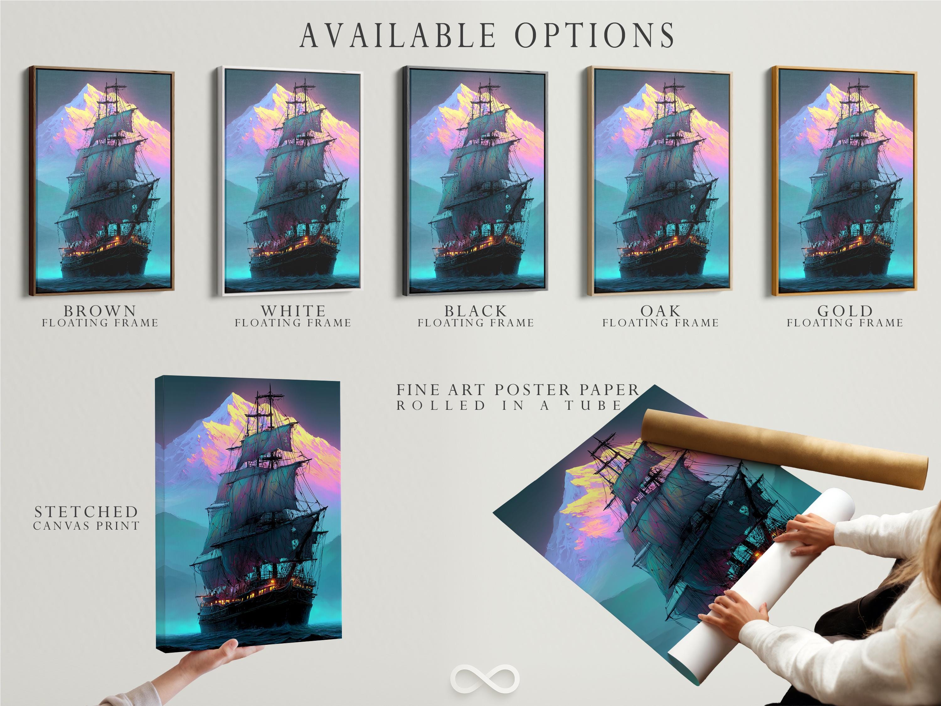 Neon-coloured sailing ship with teal ocean waves and glowing purple mountains detail view