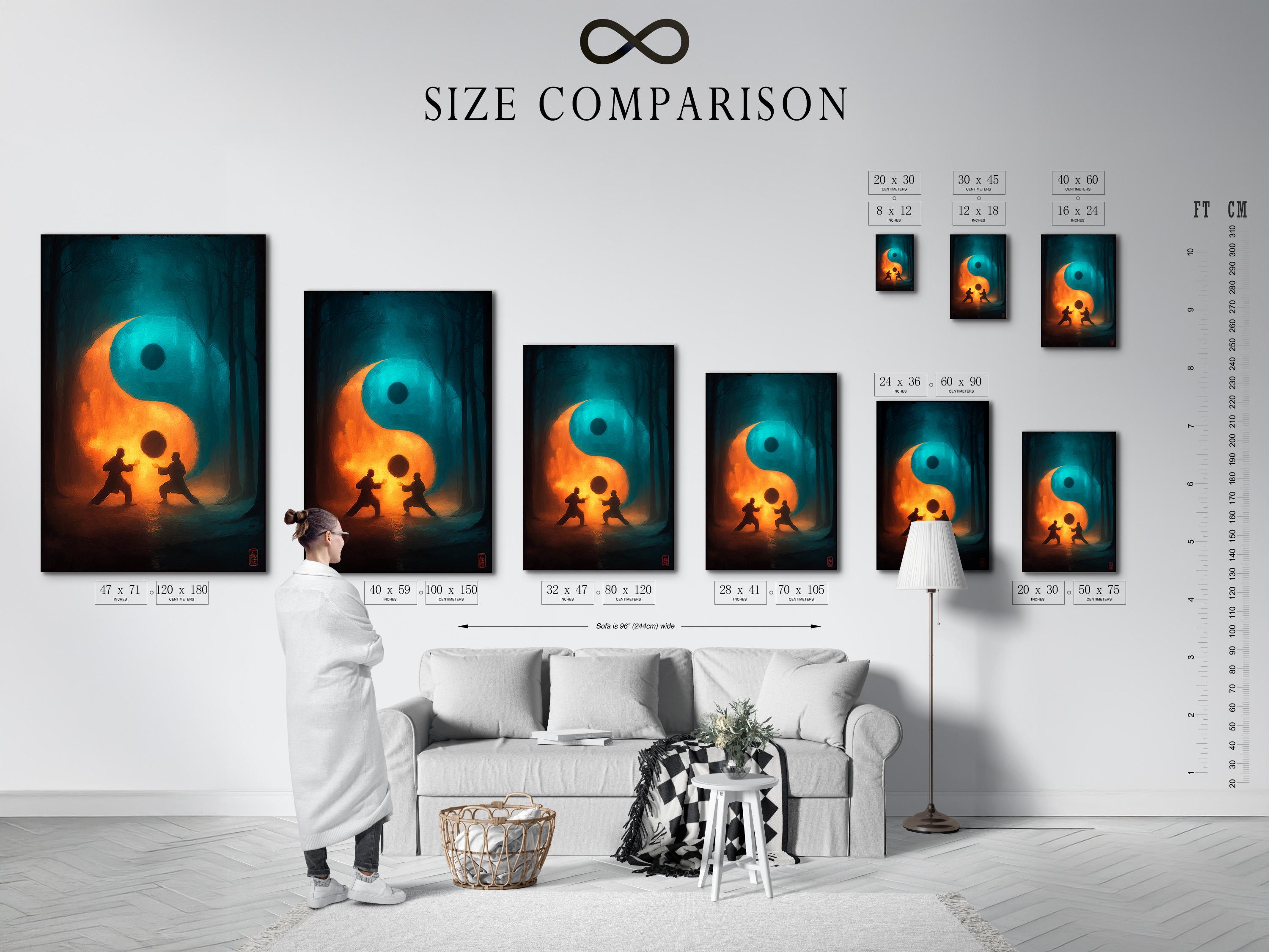 Room mockup showing a framed artwork with a teal and orange yin-yang symbol and two meditating figures