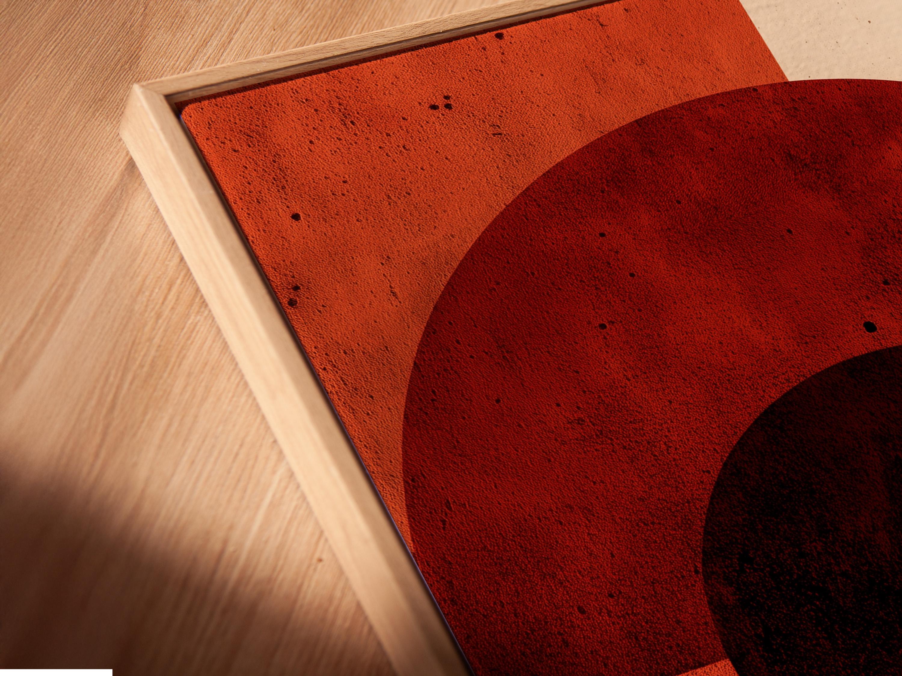 Abstract geometric artwork in a framed setup with rust red, beige and charcoal circles