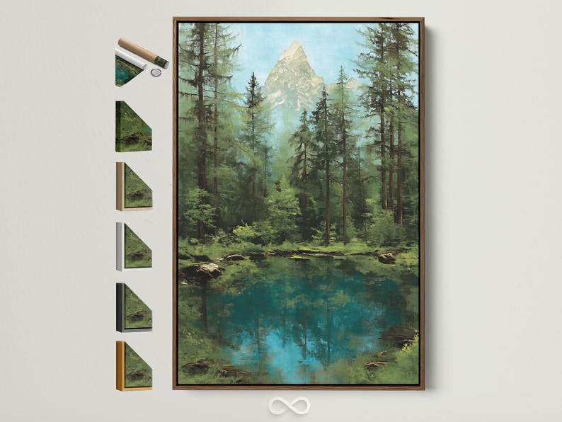 Mountain lake forest scene with pine trees, misty mountain peak and teal water reflections
