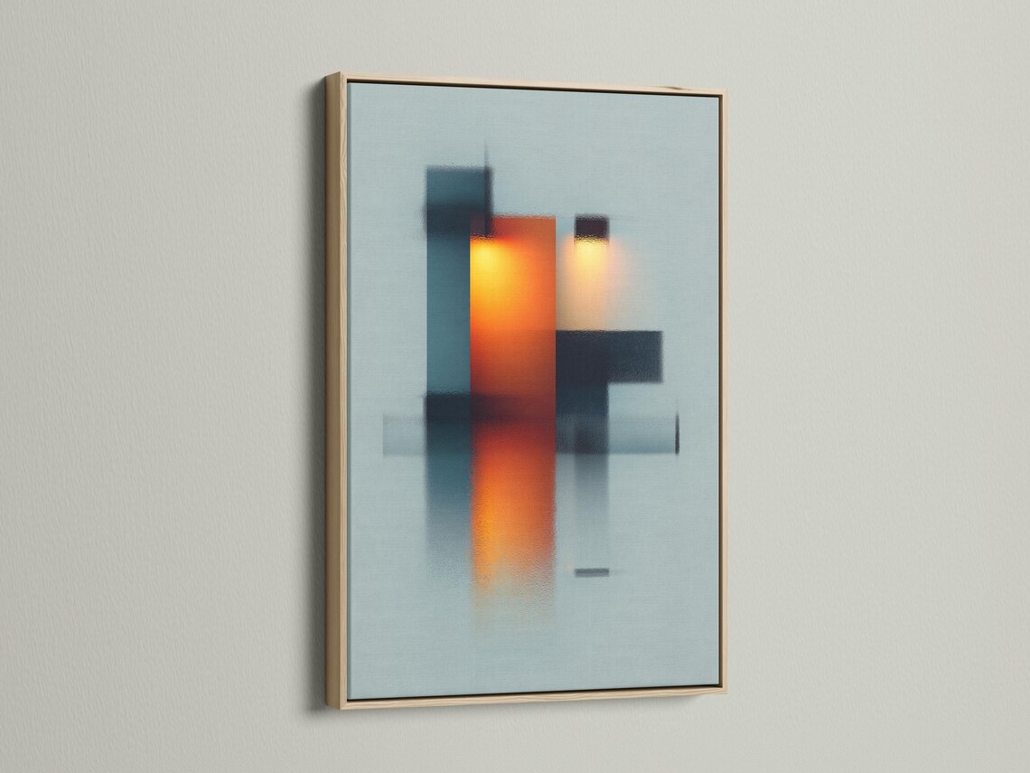 Room mockup showing a framed abstract geometric artwork with teal, deep blue and orange blocks