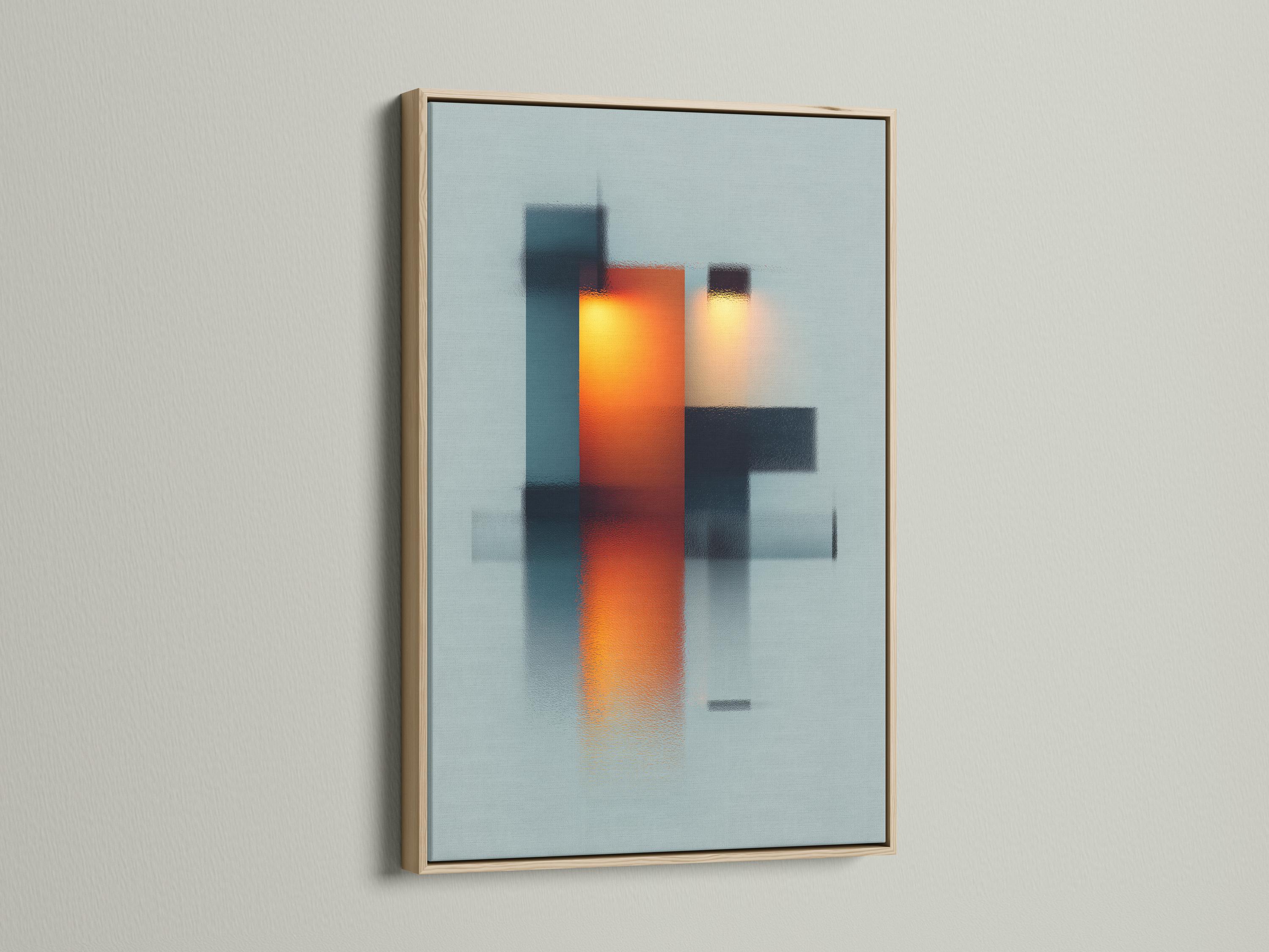 Room mockup showing a framed abstract geometric artwork with teal, deep blue and orange blocks