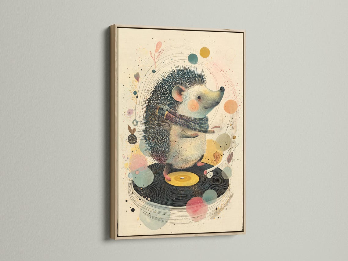 Illustrated hedgehog facing right over a vinyl record with music-themed speckles detail view