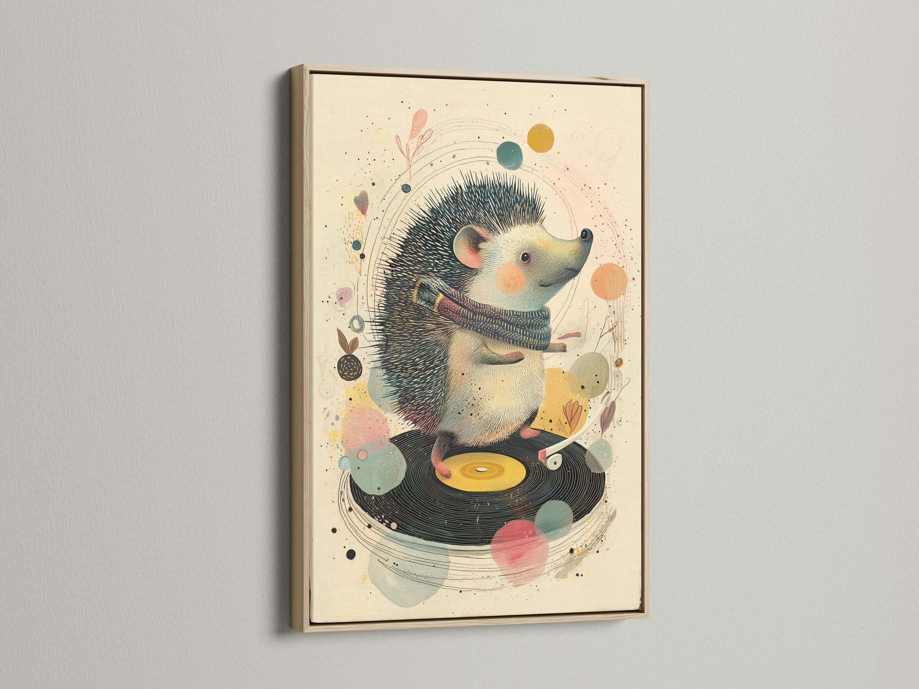 Illustrated hedgehog facing right over a vinyl record with music-themed speckles detail view