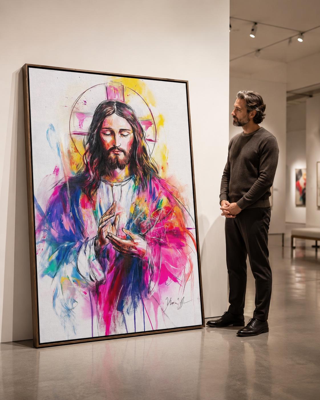Religious portrait artwork of Jesus with halo displayed above a wooden table in a hallway