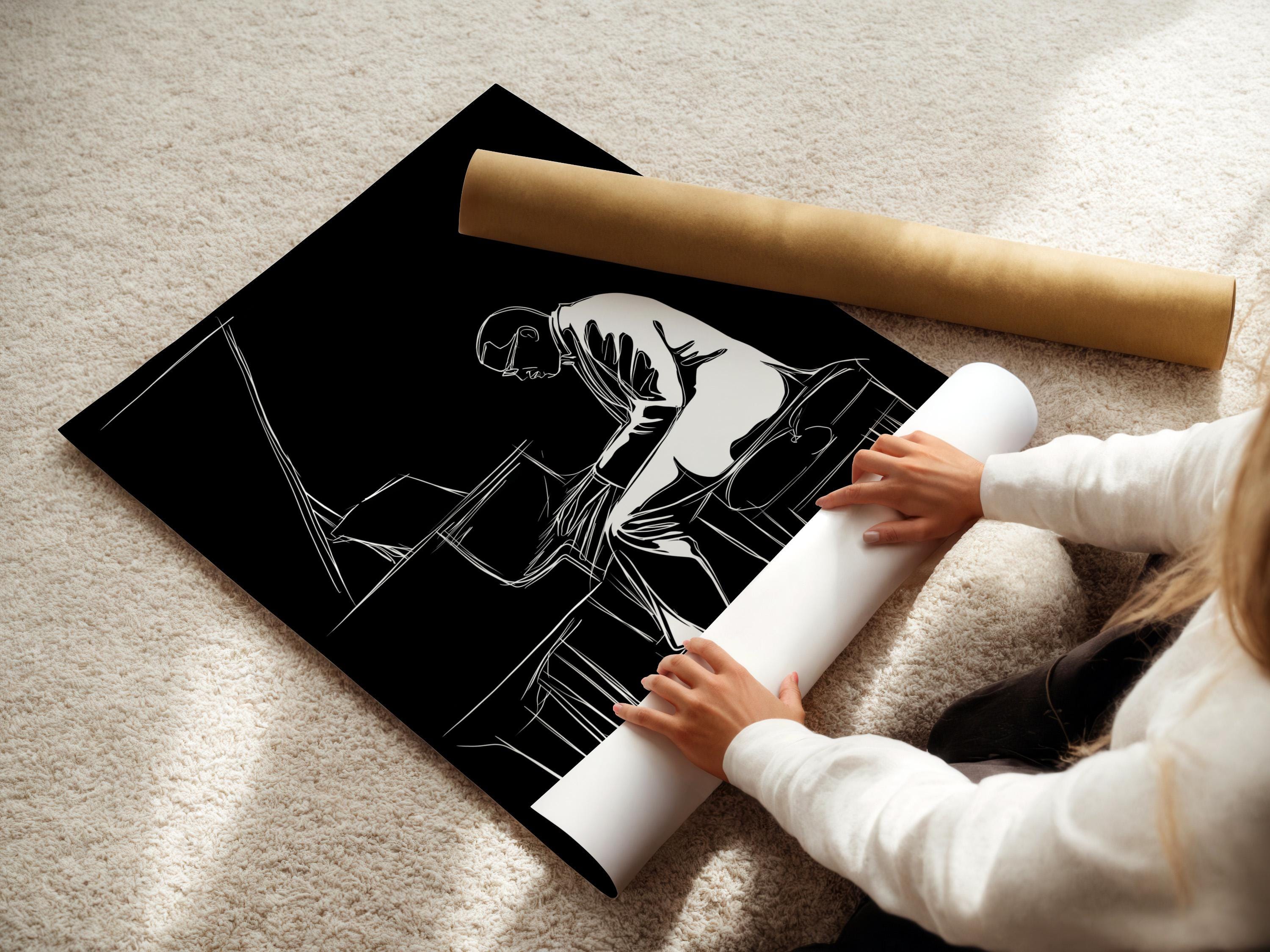 Minimalist black-and-white line drawing of a pianist playing a grand piano detail view