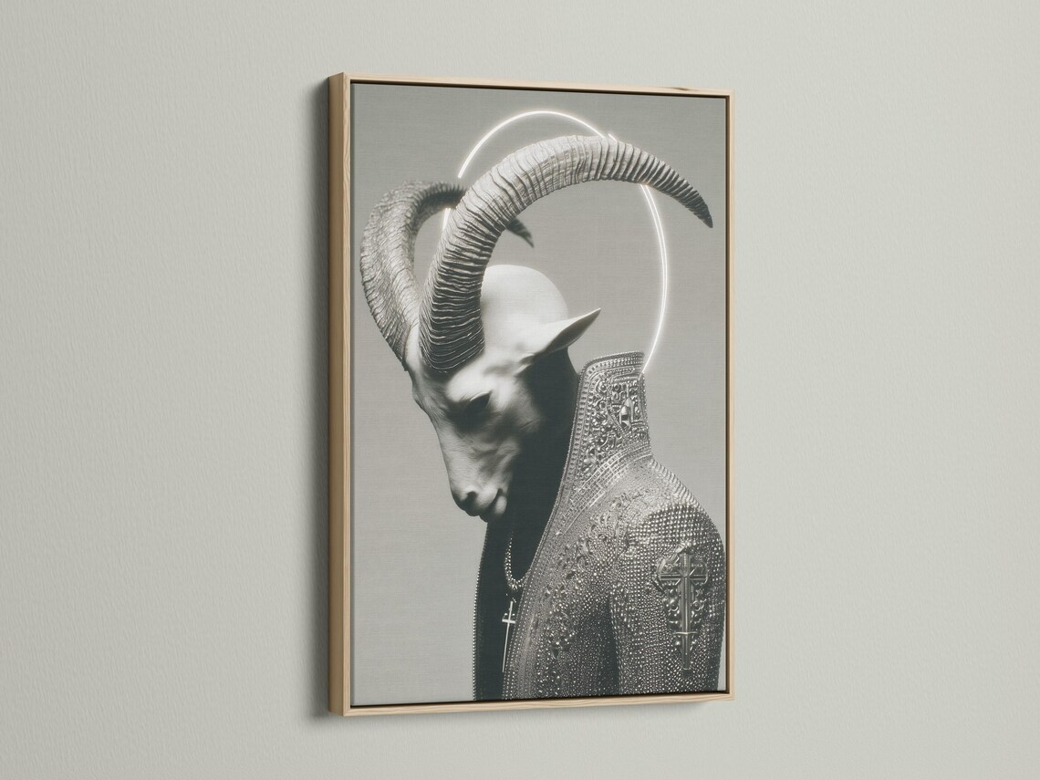 Monochrome horned figure portrait with a glowing halo ring and ornate patterned cloak detail view