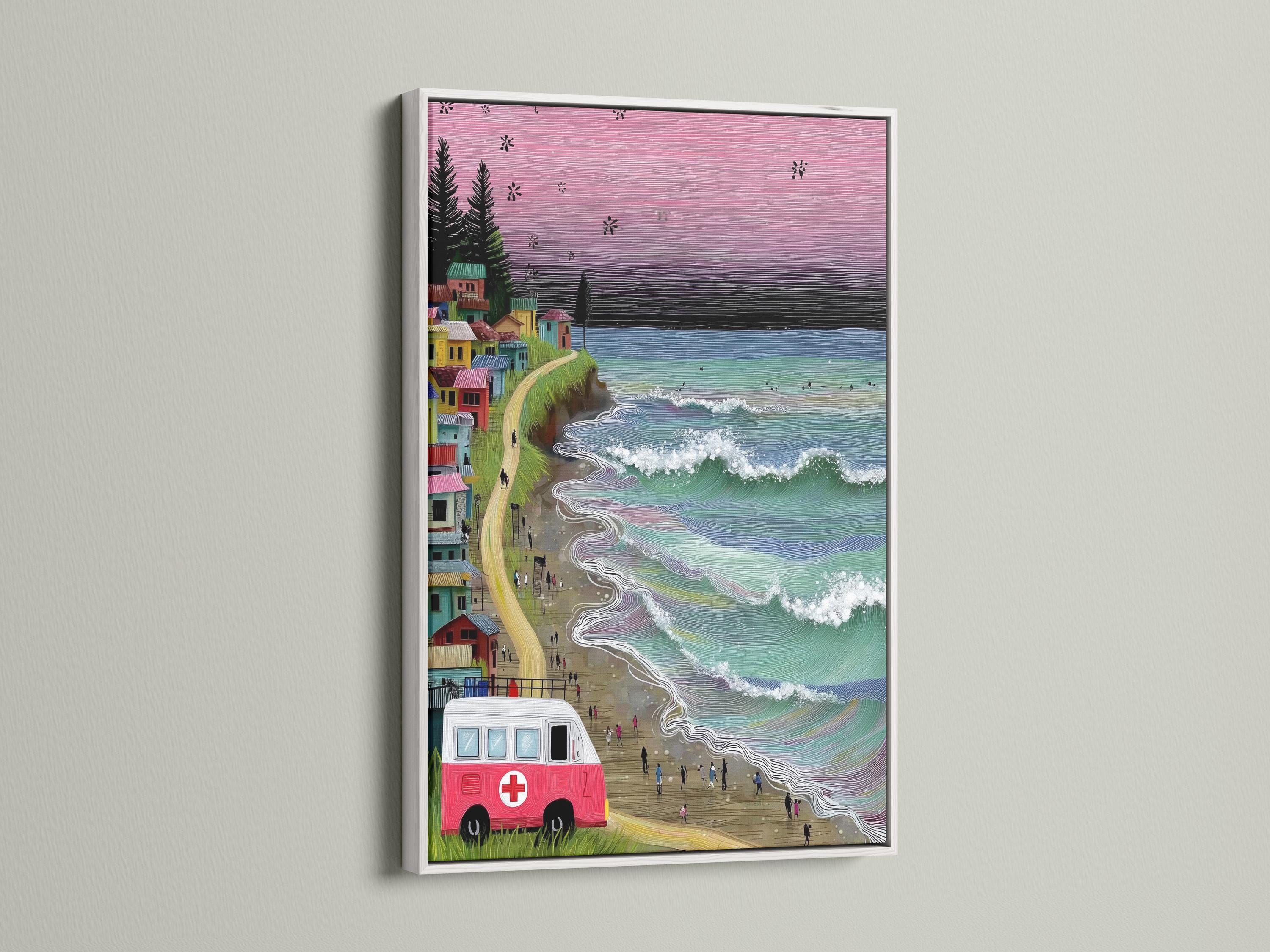Retro beach village artwork with a pink sunset sky, ocean waves, and a red-and-white van detail view