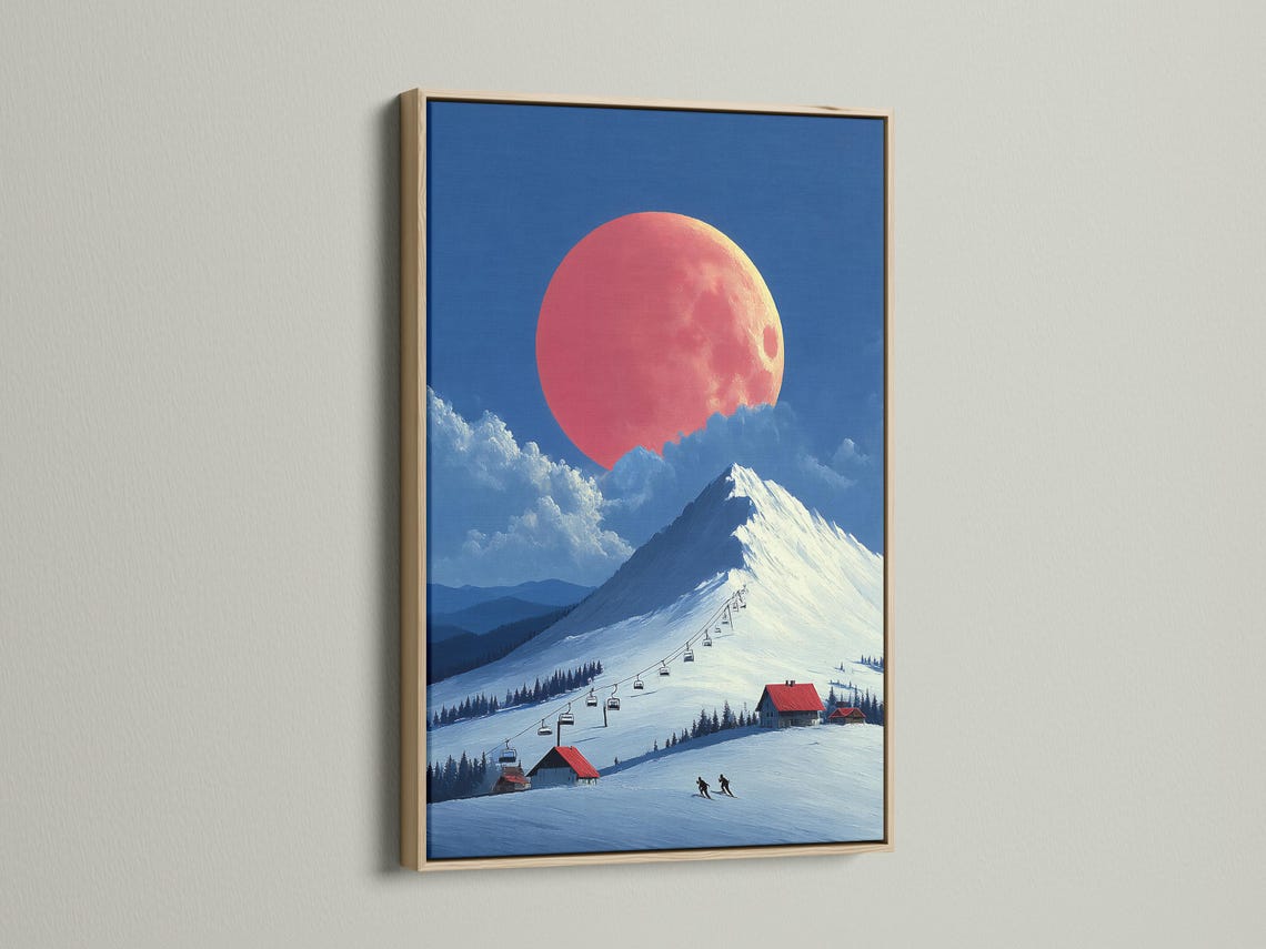 A snowy mountain landscape is shown under a large red-orange moon, with blue slopes, clouds, a ski lift line, and small skiers below detail view