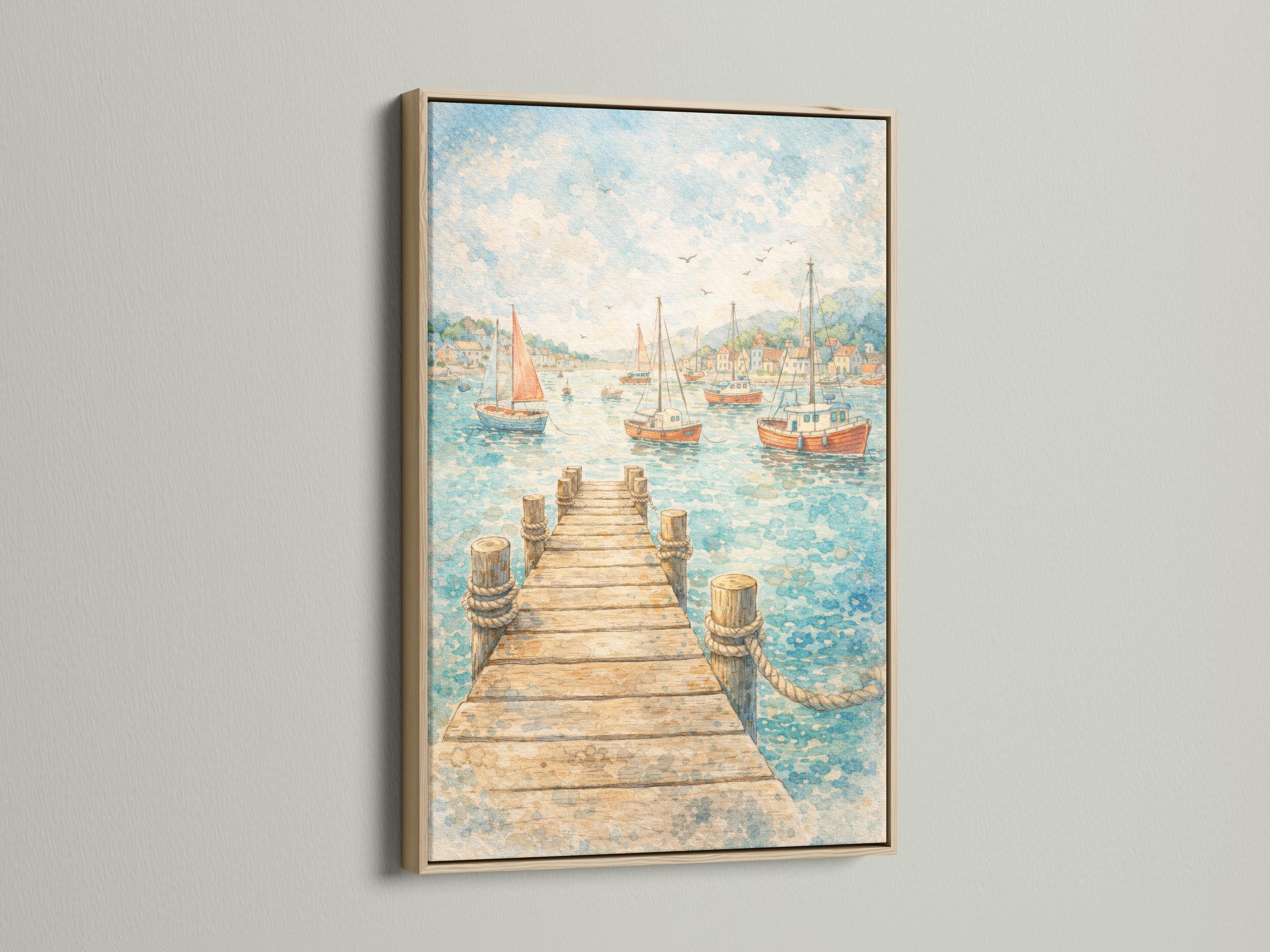 Watercolour-style harbour scene with a pier, sailboats, distant town buildings, and birds in the sky detail view