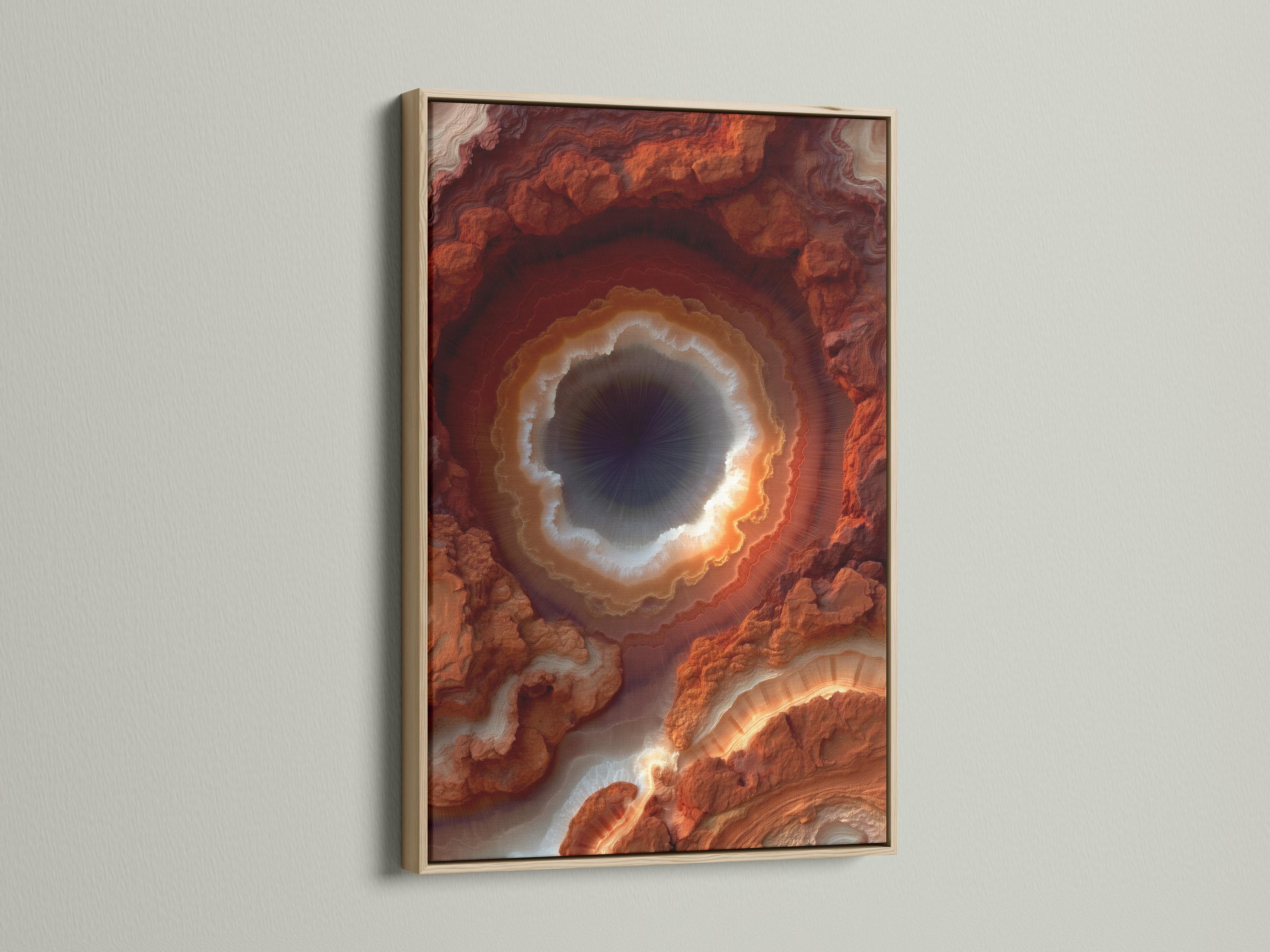 A rust orange geode-like abstract design shows a bright glowing ring around a dark centre, surrounded by marbled stone textures detail view