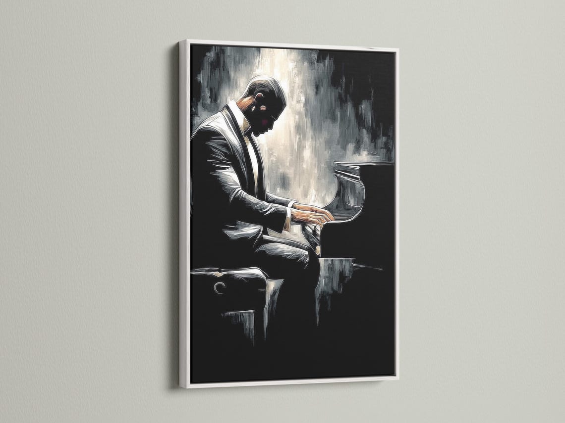 Black and white illustration of a pianist playing a grand piano in profile detail view