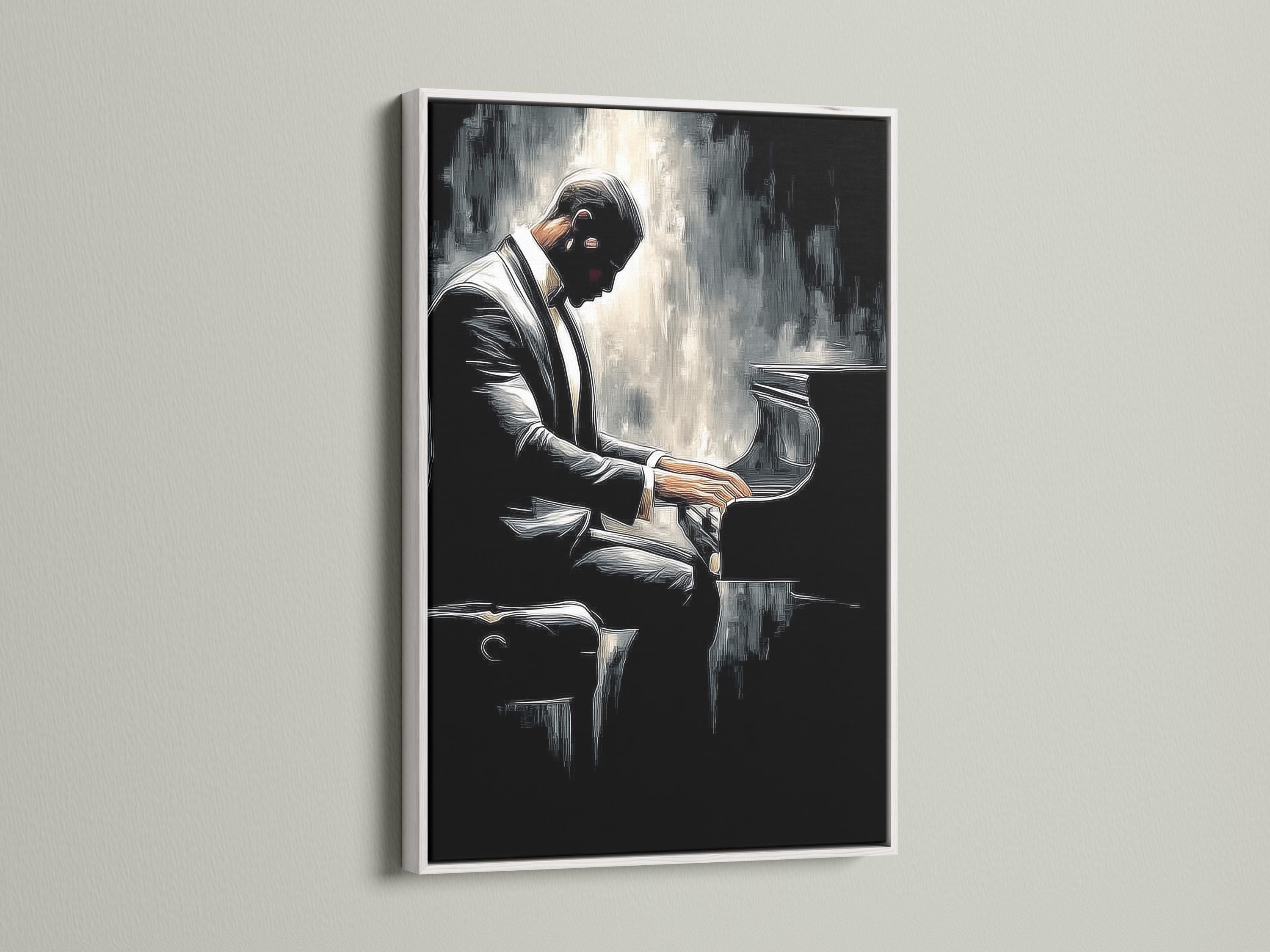 Black and white illustration of a pianist playing a grand piano in profile detail view