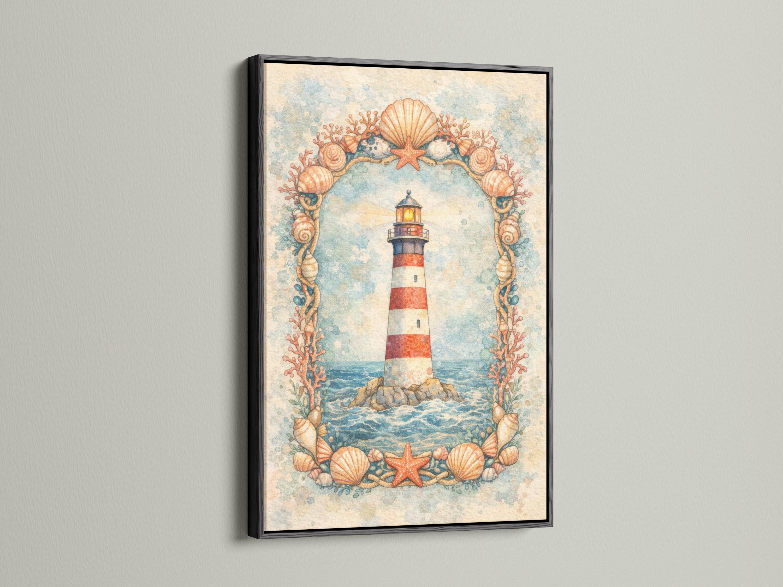 Coastal lighthouse illustration with seashells, starfish and coral-like branches framing the scene detail view