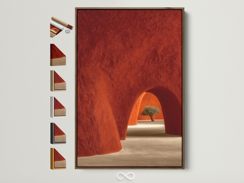 A warm terracotta adobe-style archway scene with a sandy floor, deep red walls, and a single tree in sunlight, presented in a textured, painterly look