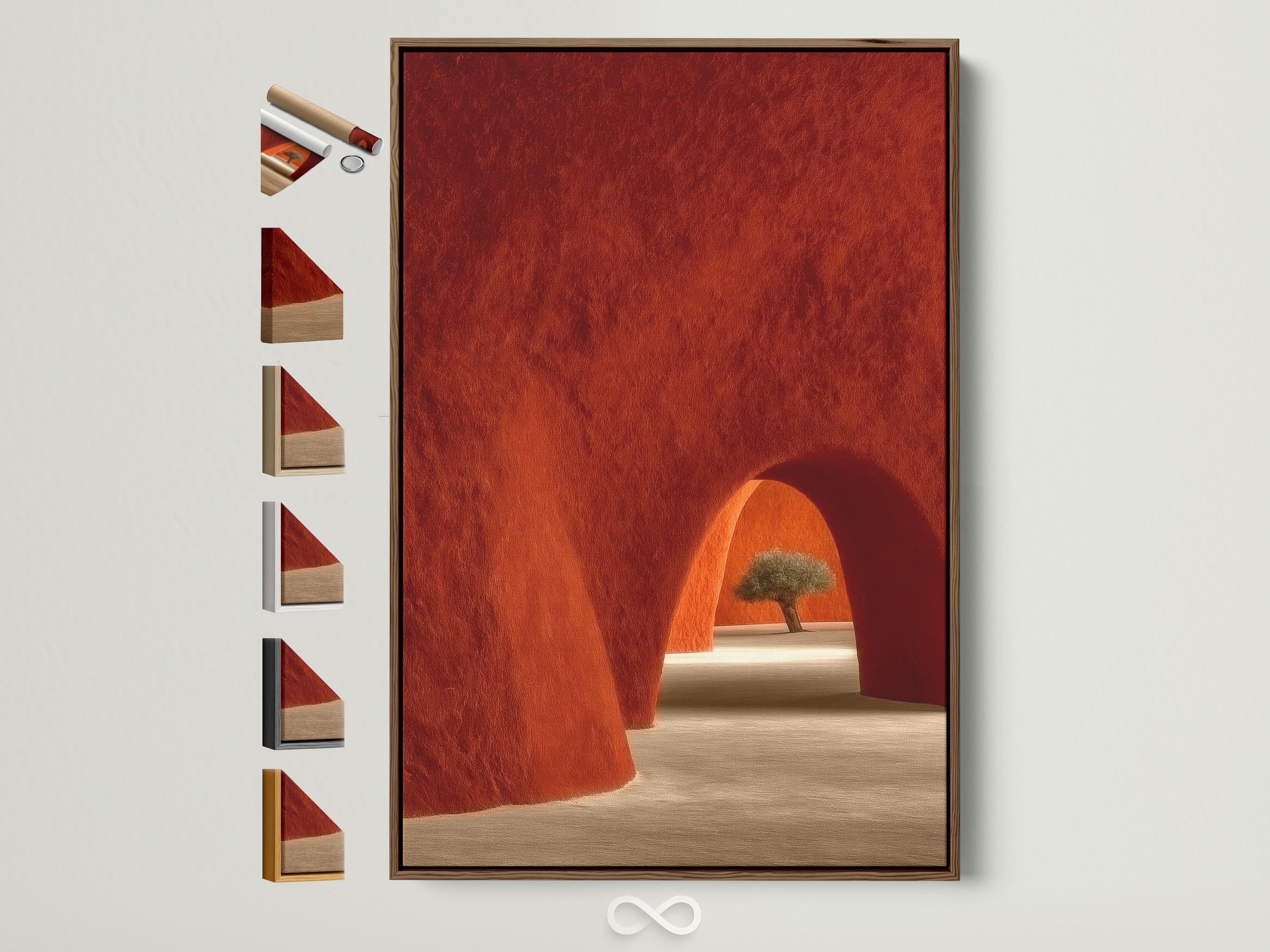 A warm terracotta adobe-style archway scene with a sandy floor, deep red walls, and a single tree in sunlight, presented in a textured, painterly look