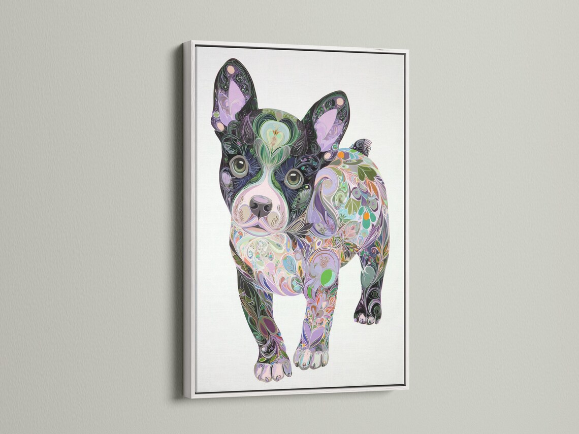 Stylised dog portrait filled with swirling floral patterns in purple, green and pink on a light background detail view