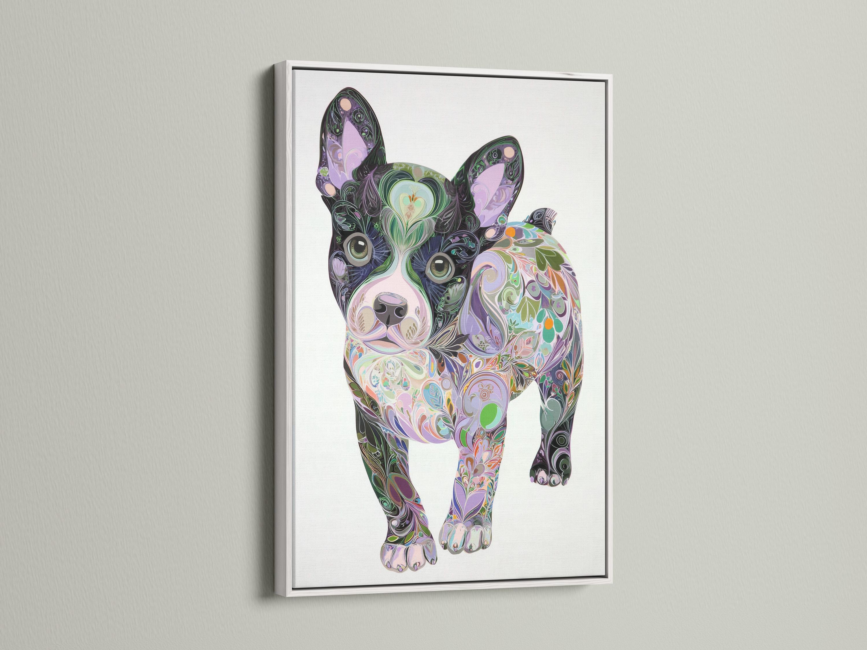 Stylised dog portrait filled with swirling floral patterns in purple, green and pink on a light background detail view