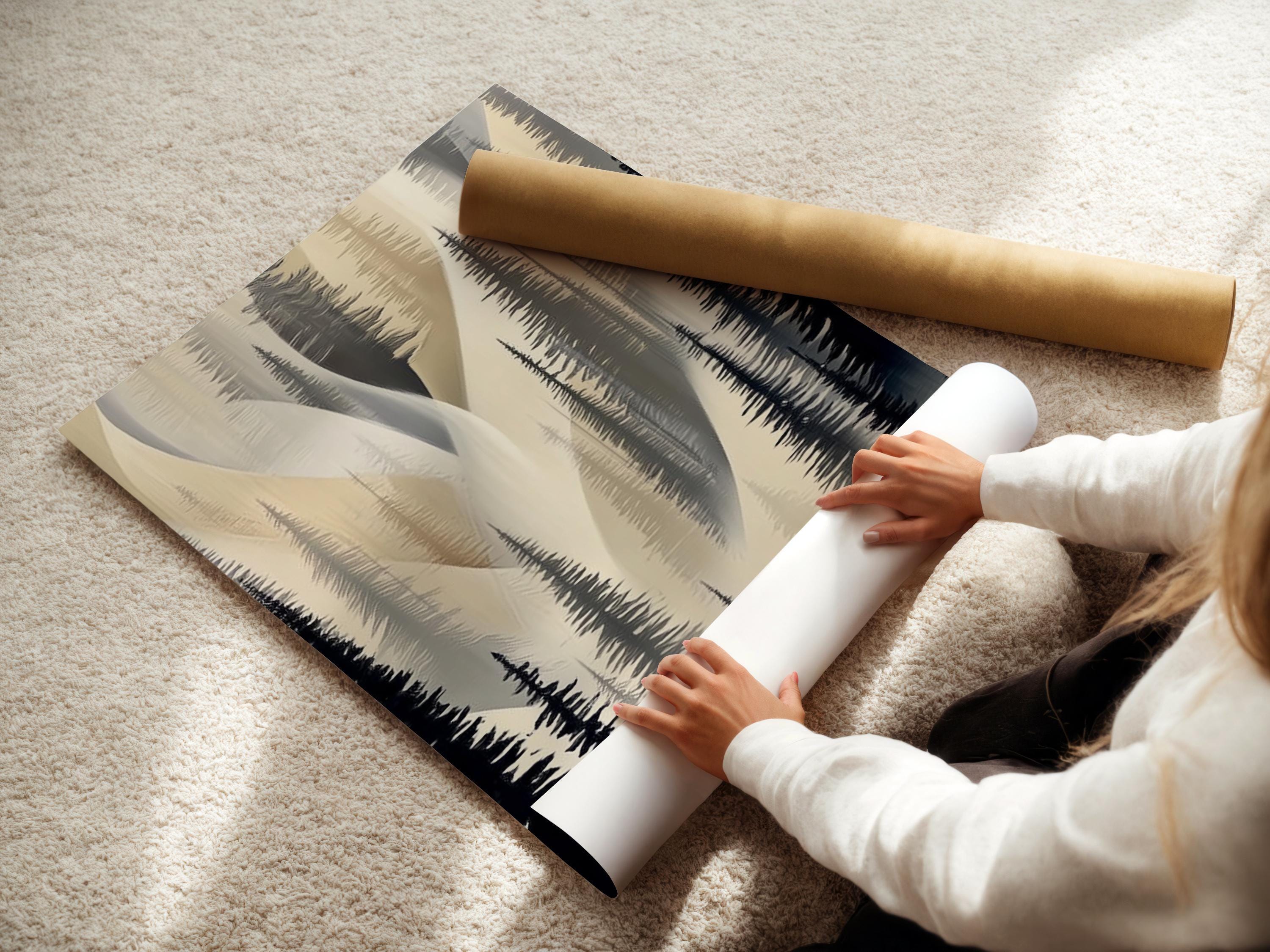 Neutral forest artwork with layered pine silhouettes in beige and charcoal tones detail view