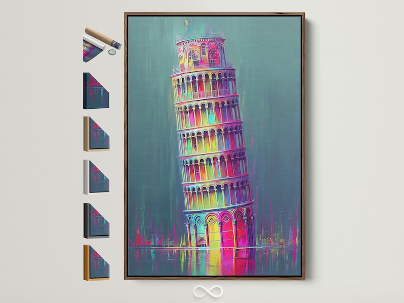 Neon rainbow Leaning Tower of Pisa illustration with reflective water below