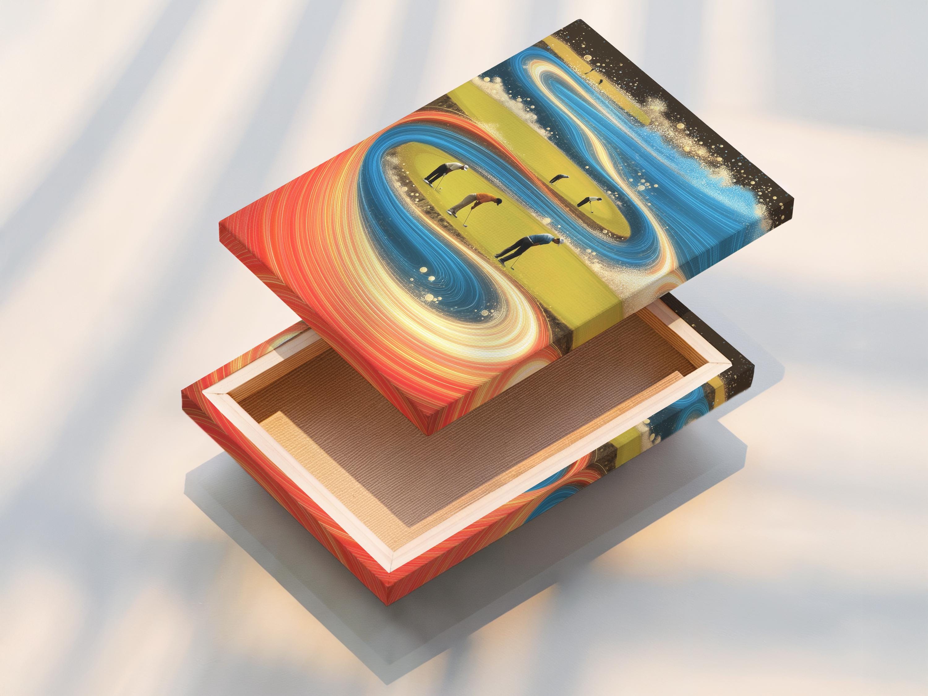 Abstract golf course scene with swirling blue and gold motion bands and small golfer figures detail view