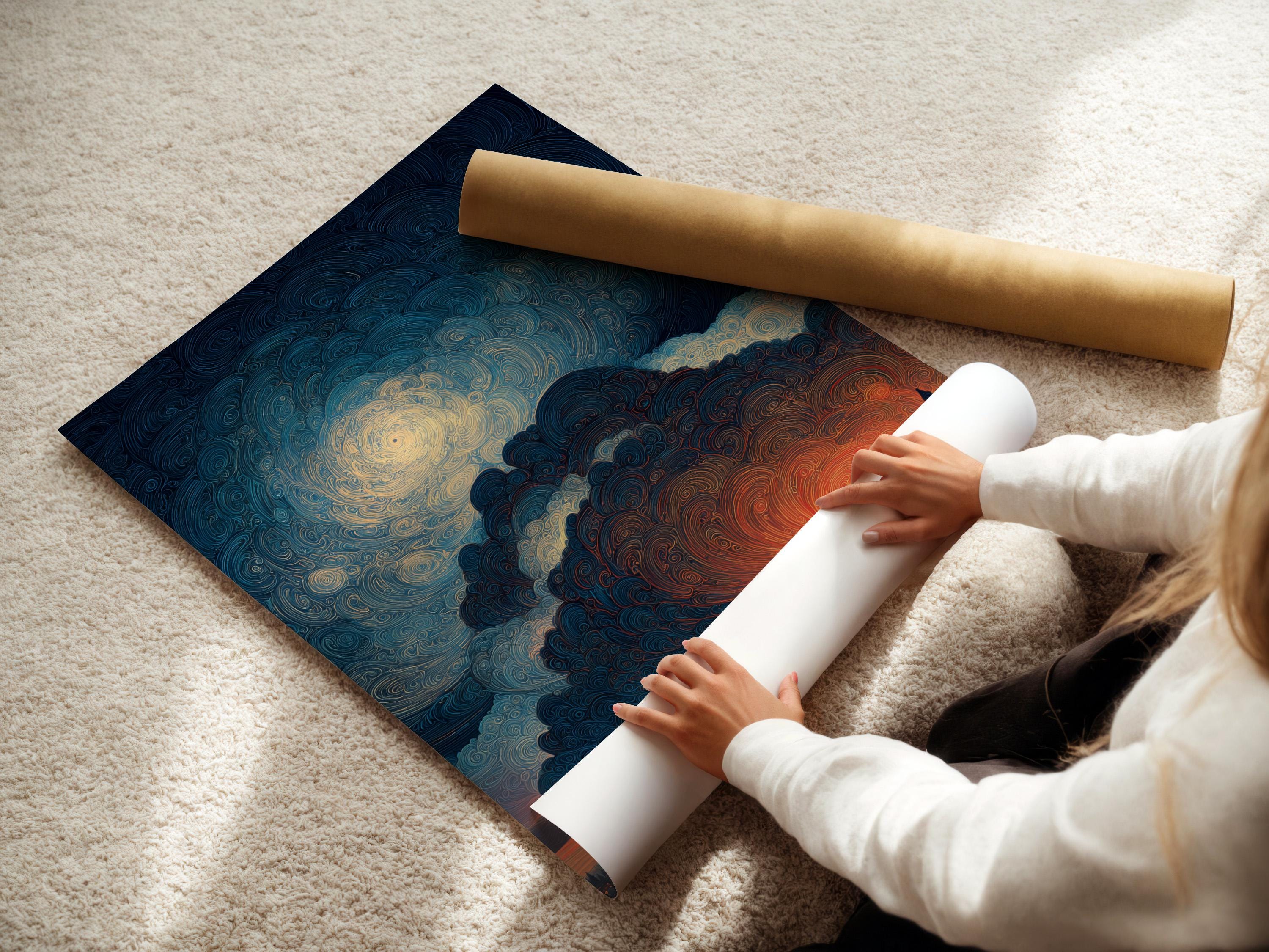 Room mockup showing framed artwork with a swirling night sky cityscape and orange sunset glow