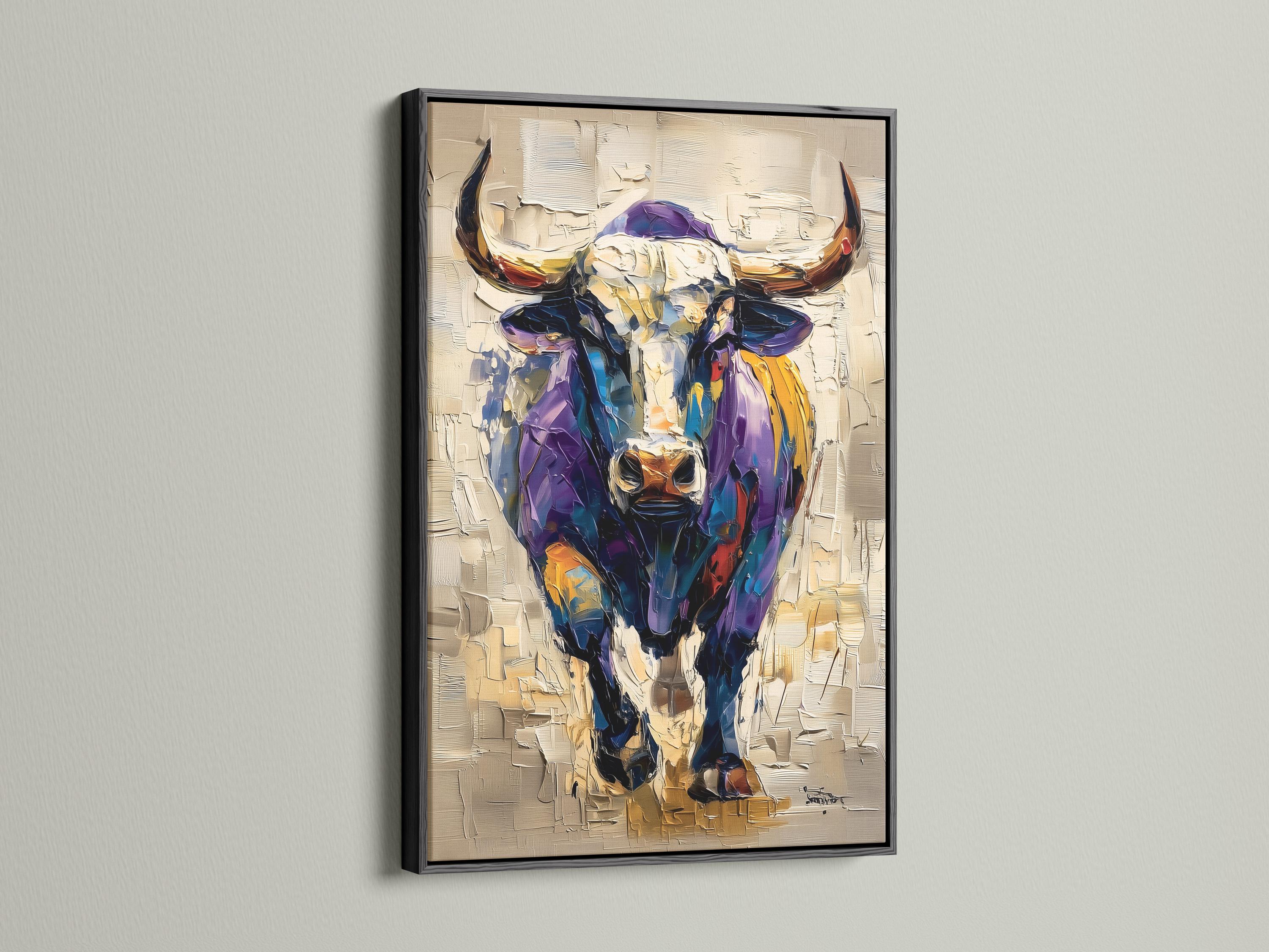 Stylised bull portrait with purple and blue tones, gold accents and a textured beige background detail view