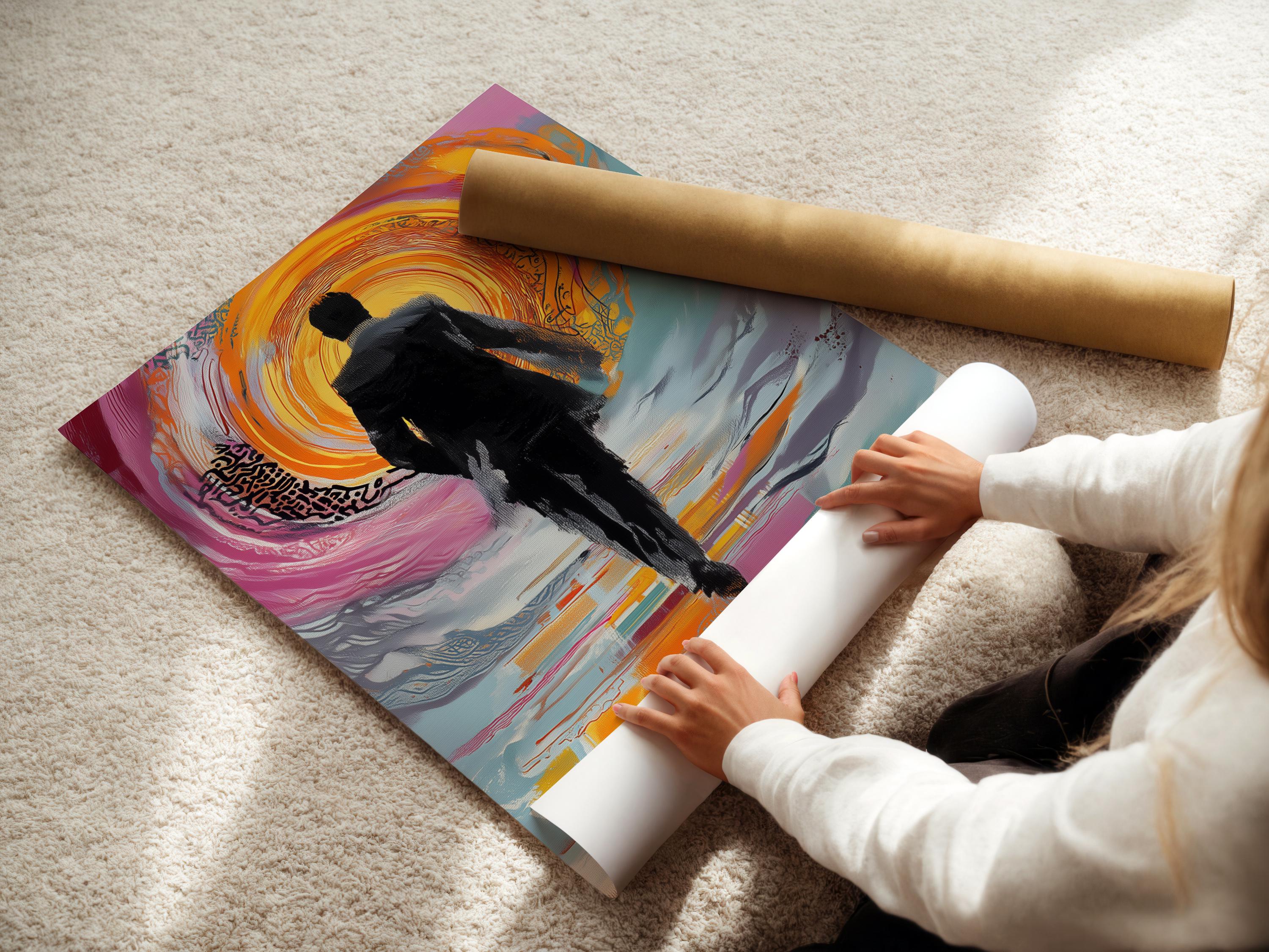 Person seated in a living room with a framed abstract man silhouette artwork on the wall