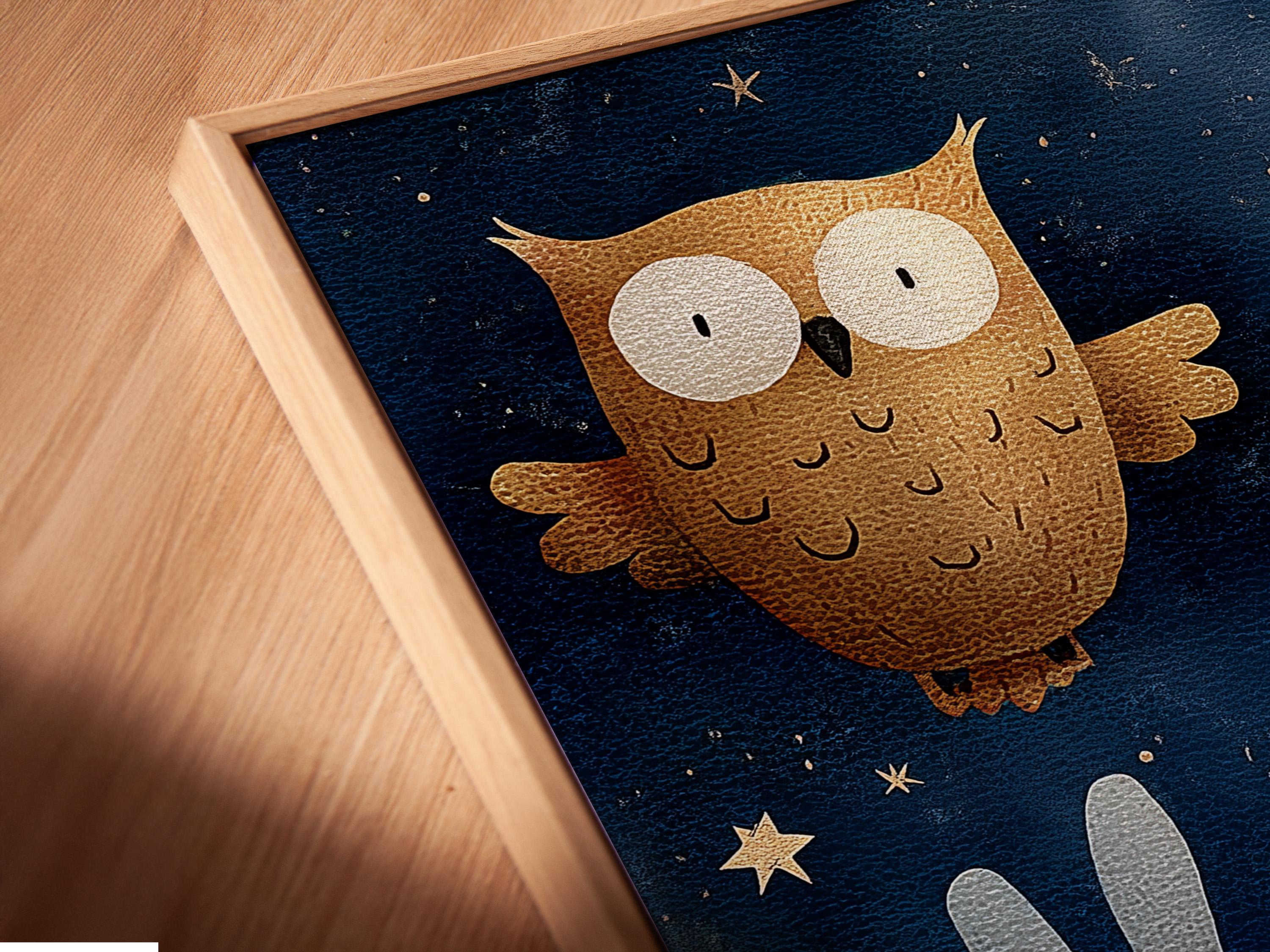 Illustrated whale, fox and owl in a navy starry-night scene with stars detail view