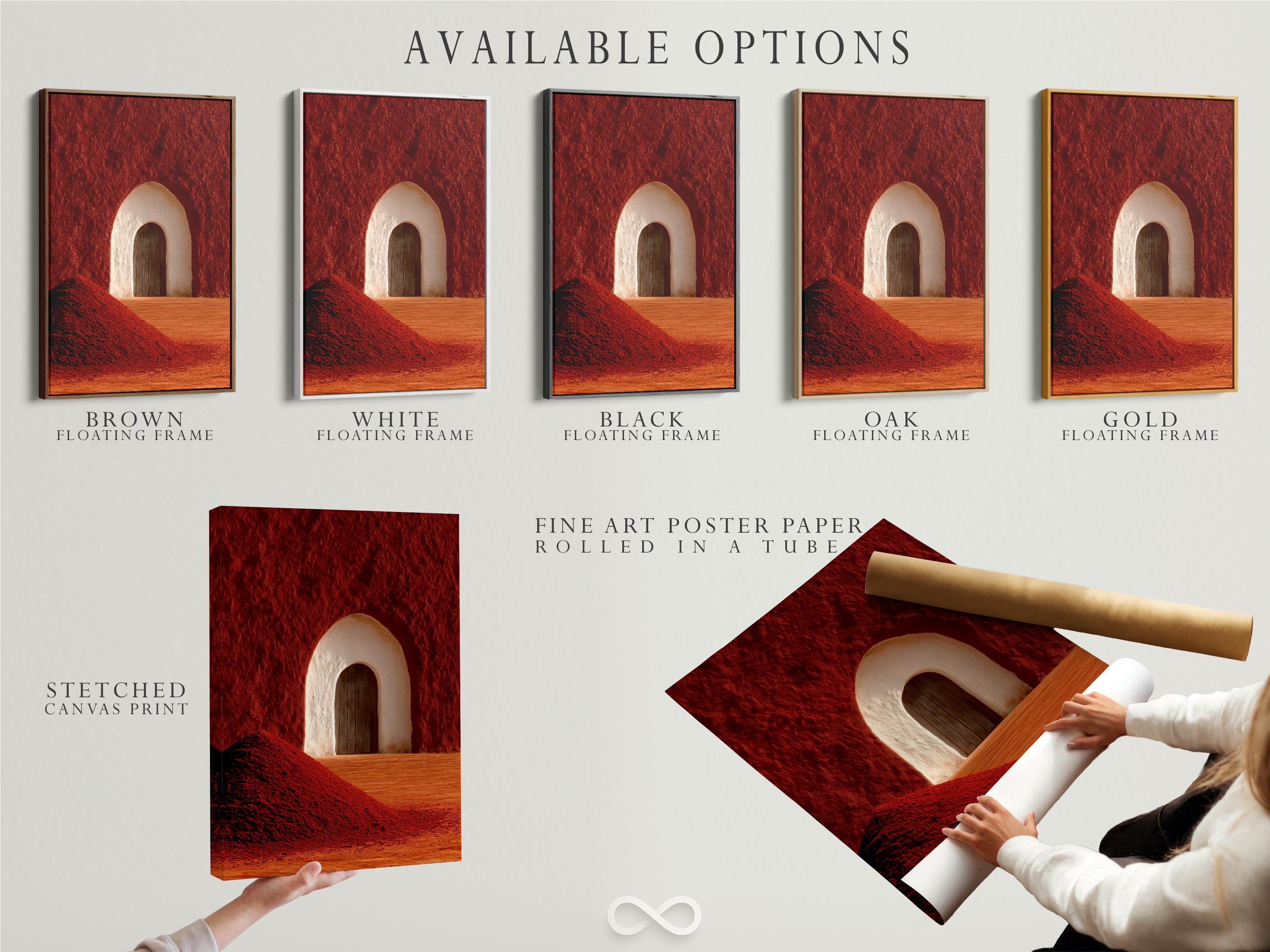 Warm red and terracotta desert arch doorway with a pale arch and wooden door panel detail view
