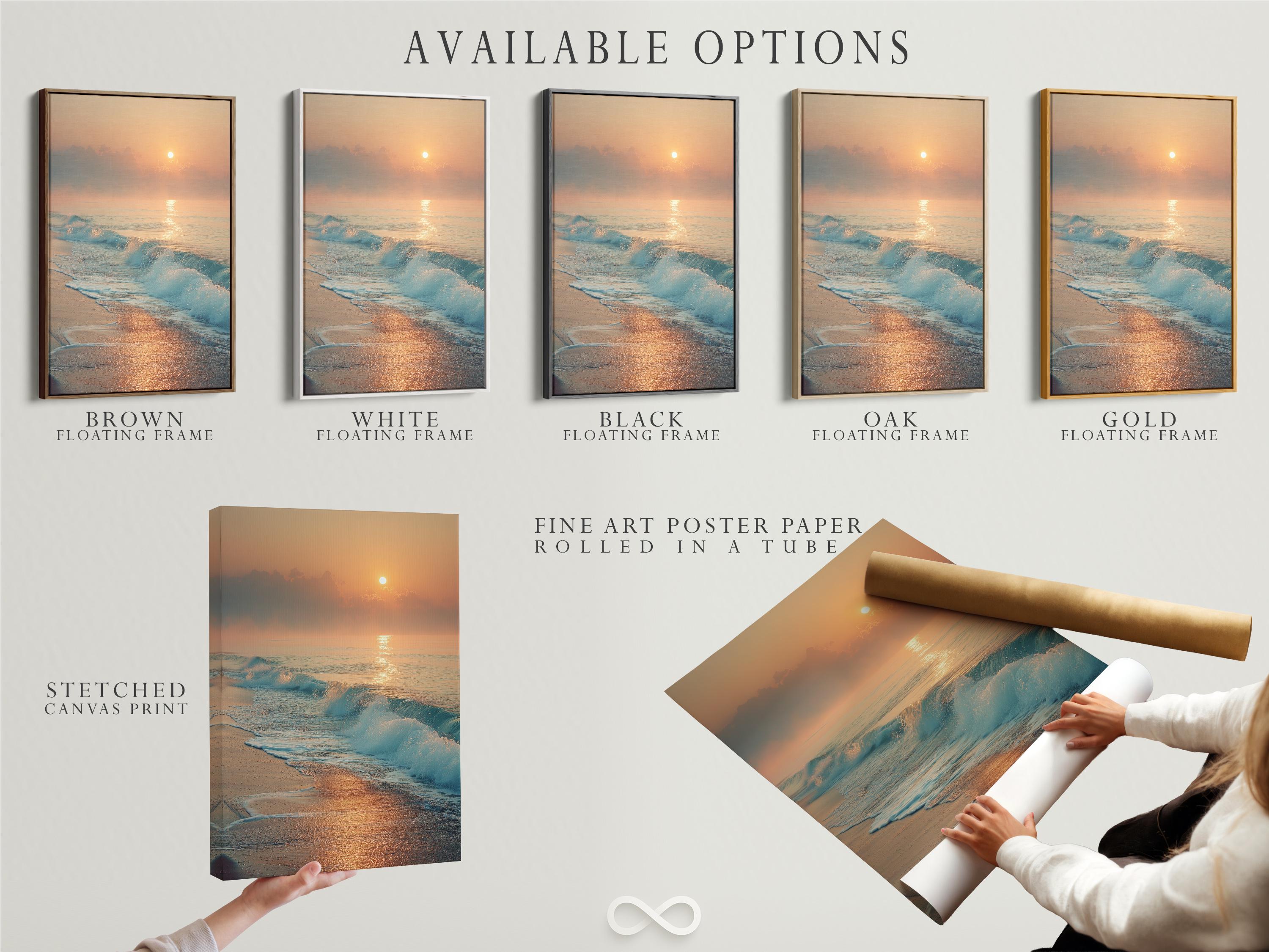 A sunrise seascape shows a glowing sun above layered clouds, with ocean waves rolling onto a sandy shore and reflecting warm light detail view