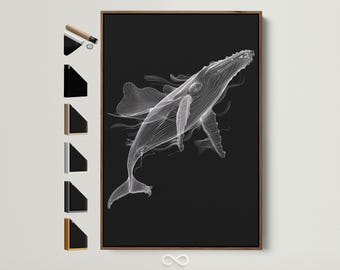 Whale Art Print - Black White Marine Life Wall Art, Minimalist Ocean Canvas Print for Modern Bedroom Decor
