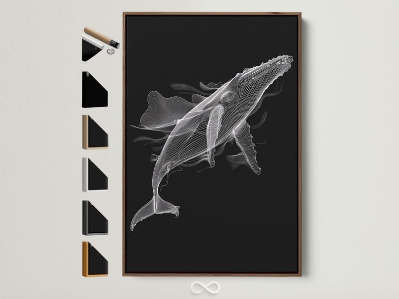 White line-art whale illustration on a dark black background