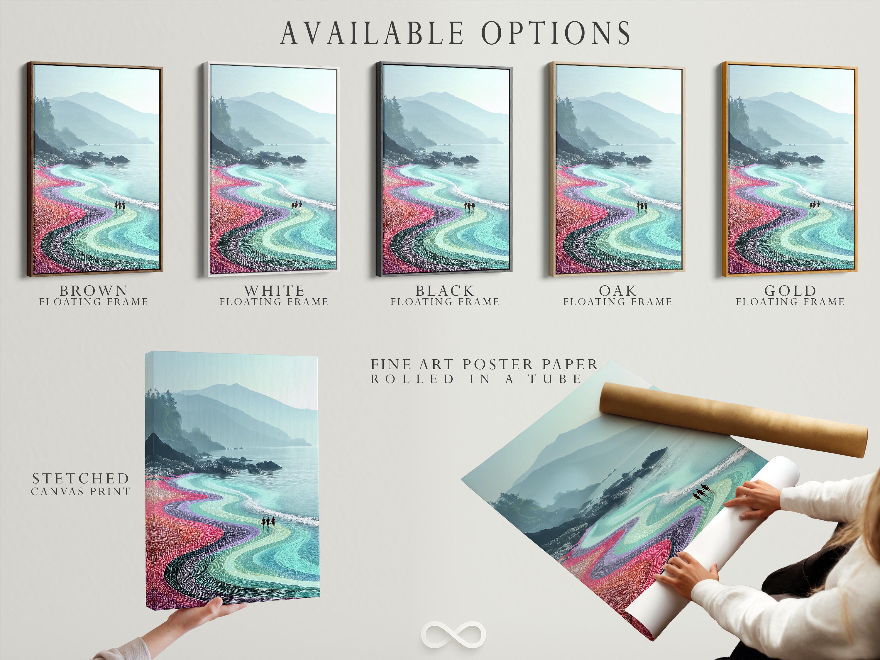 Colourful coastal seascape with turquoise ocean, winding dotted beach and misty hills detail view