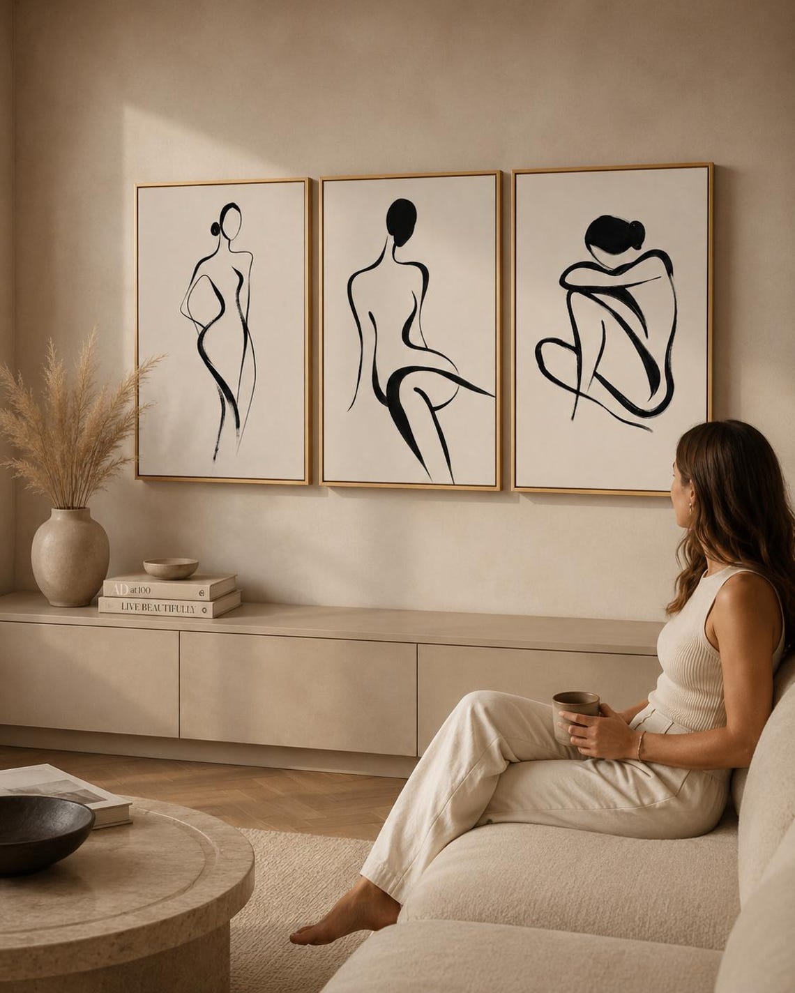 Three black minimalist female figure line drawings on neutral backgrounds detail view
