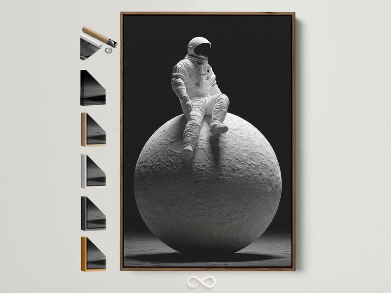 Monochrome astronaut in a space suit seated on a cratered moon against a dark background