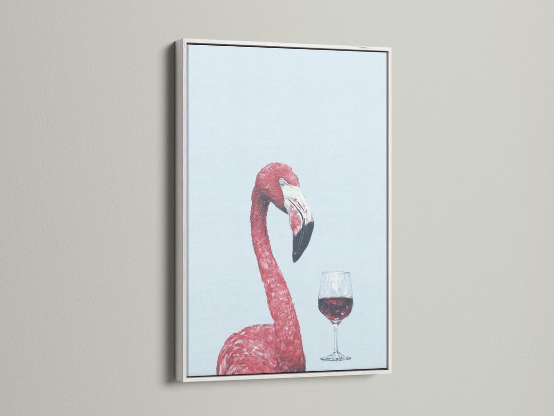 A pink flamingo is painted against a pale blue background, balancing a glass of red wine, with painterly speckled texture and soft contrast detail